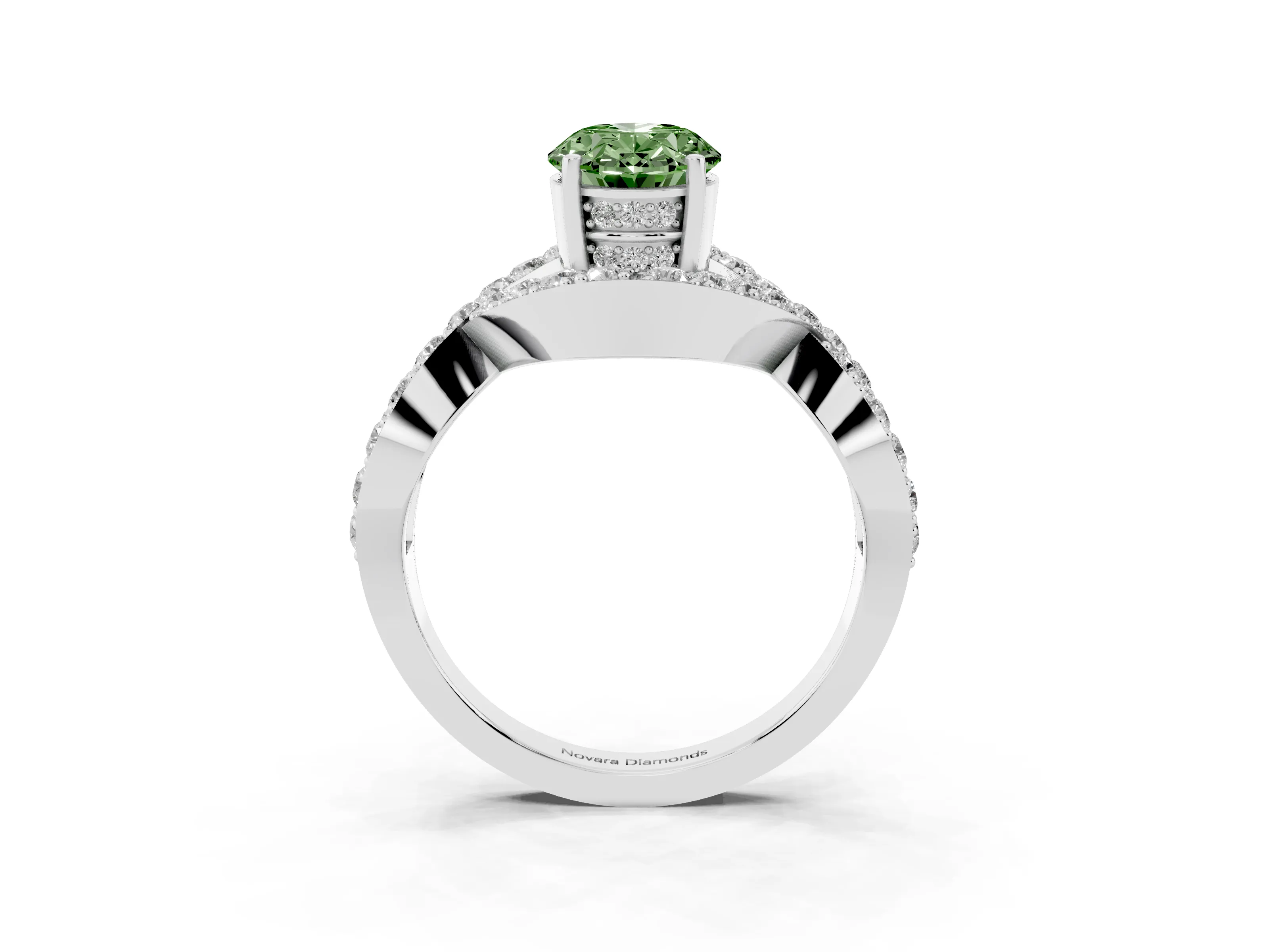 Fancy Green Oval Cut Diamond Solitaire Twist Band Pavé Engagement Ring Set in Silver