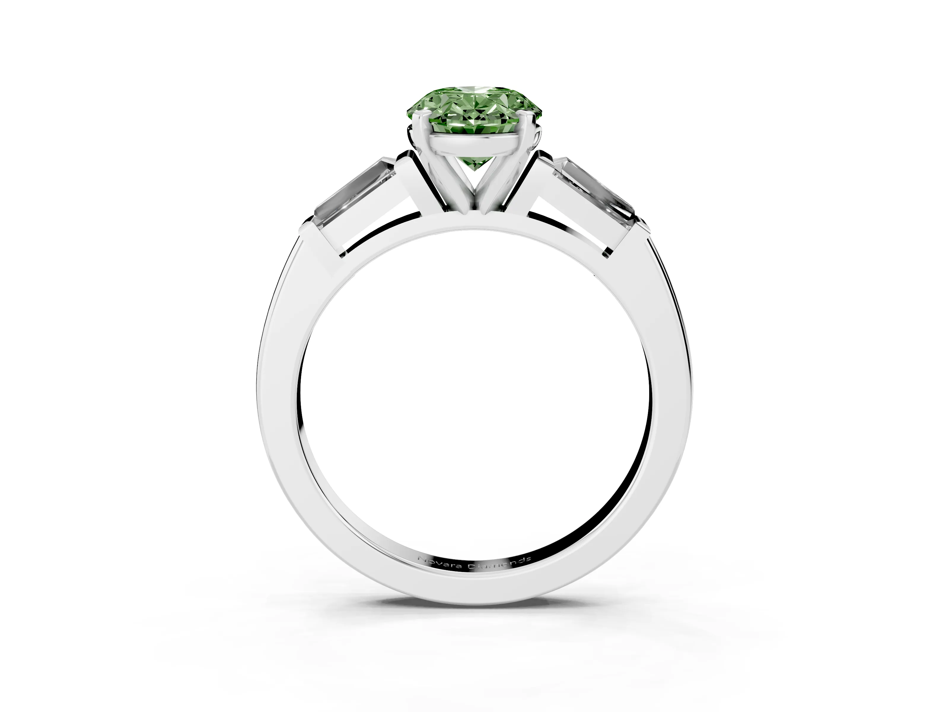 Fancy Green Oval Cut Diamond Solitaire Ring Set in Platinum with Tapered Baguette Side Stones and Prong Setting