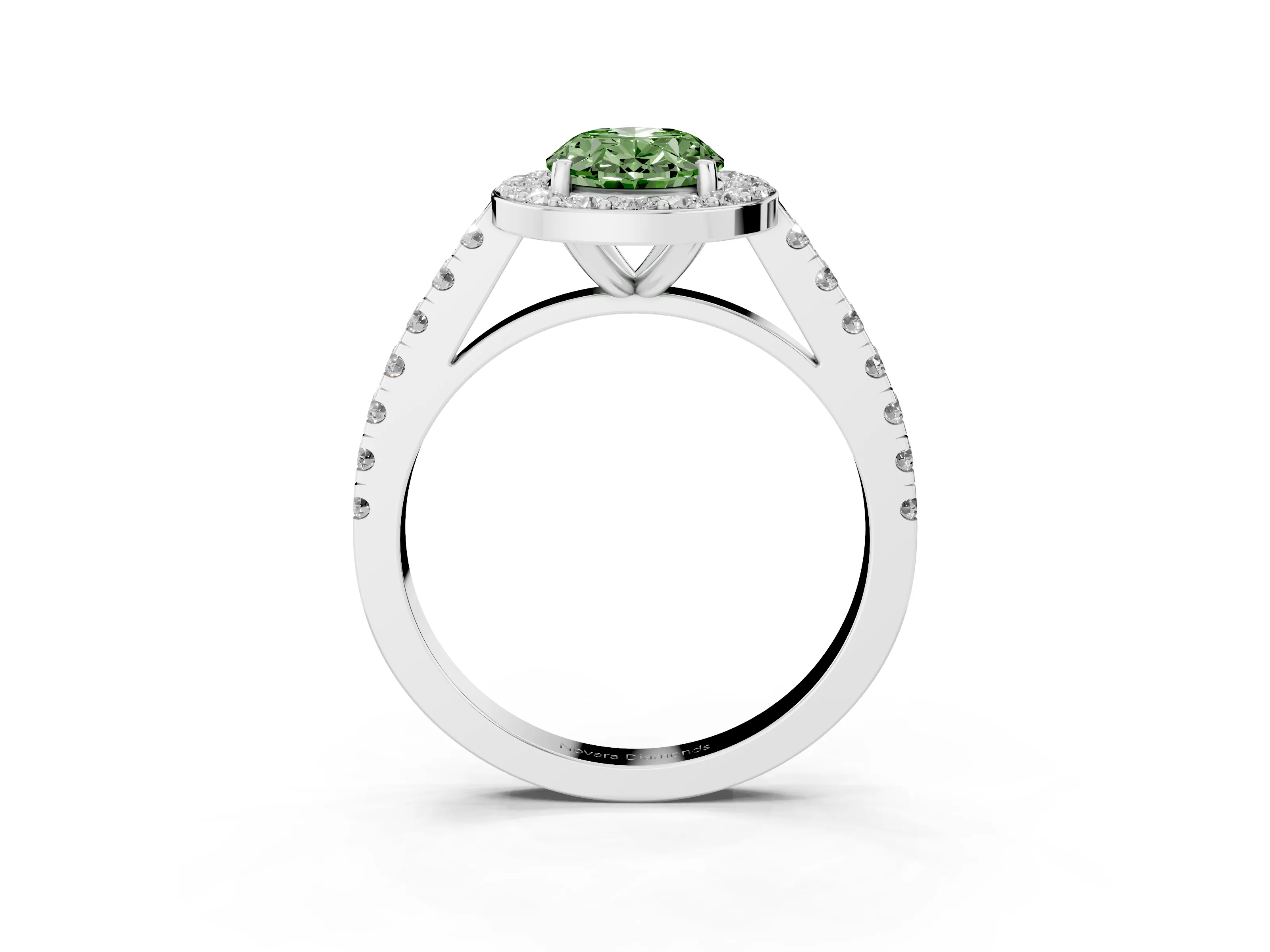 Fancy Green Oval Cut Diamond Halo Ring Set in Silver with Round Pavé Split Shank and Prong Setting