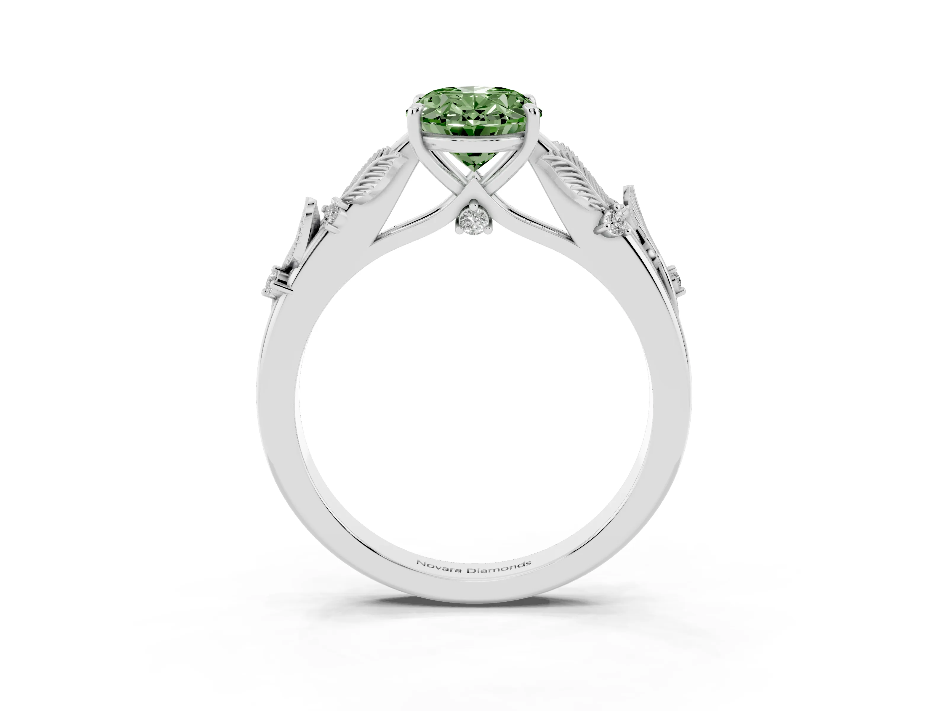 Fancy Green Oval Cut Diamond Solitaire Ring Set in Platinum with Leaf Motif Band