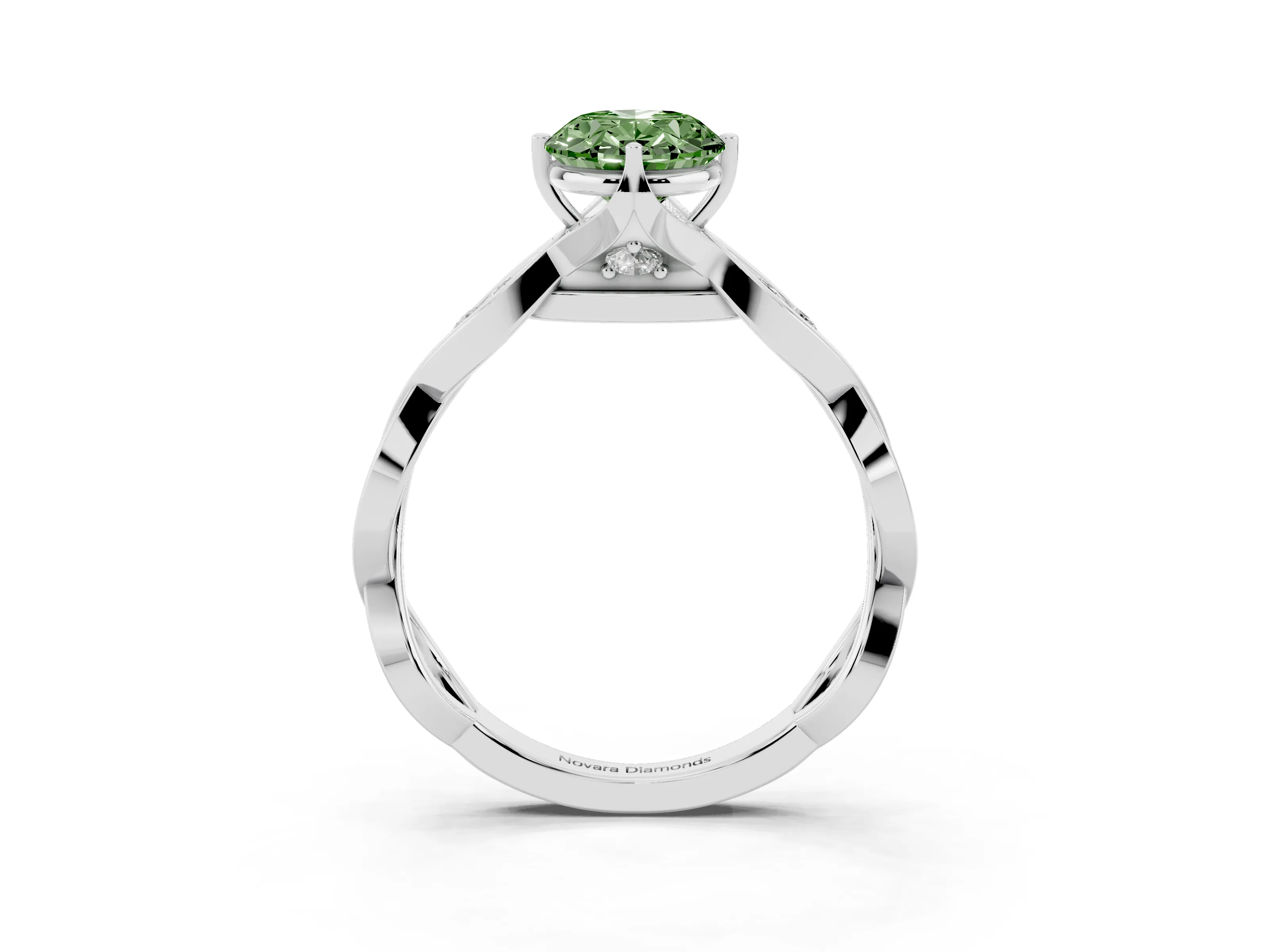 Fancy Green Oval Cut Diamond Twist Band Solitaire Ring Set in Platinum with Leaf Prong Setting and Accent Stones