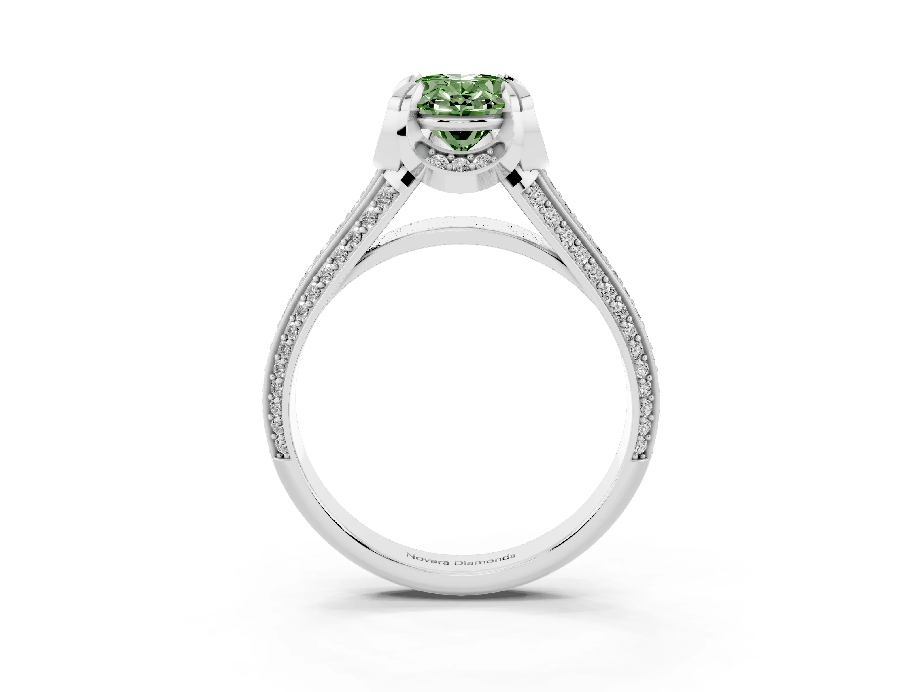 Fancy Green Oval Cut Diamond Pavé Split Shank Solitaire Ring Set in Silver with Prong Setting