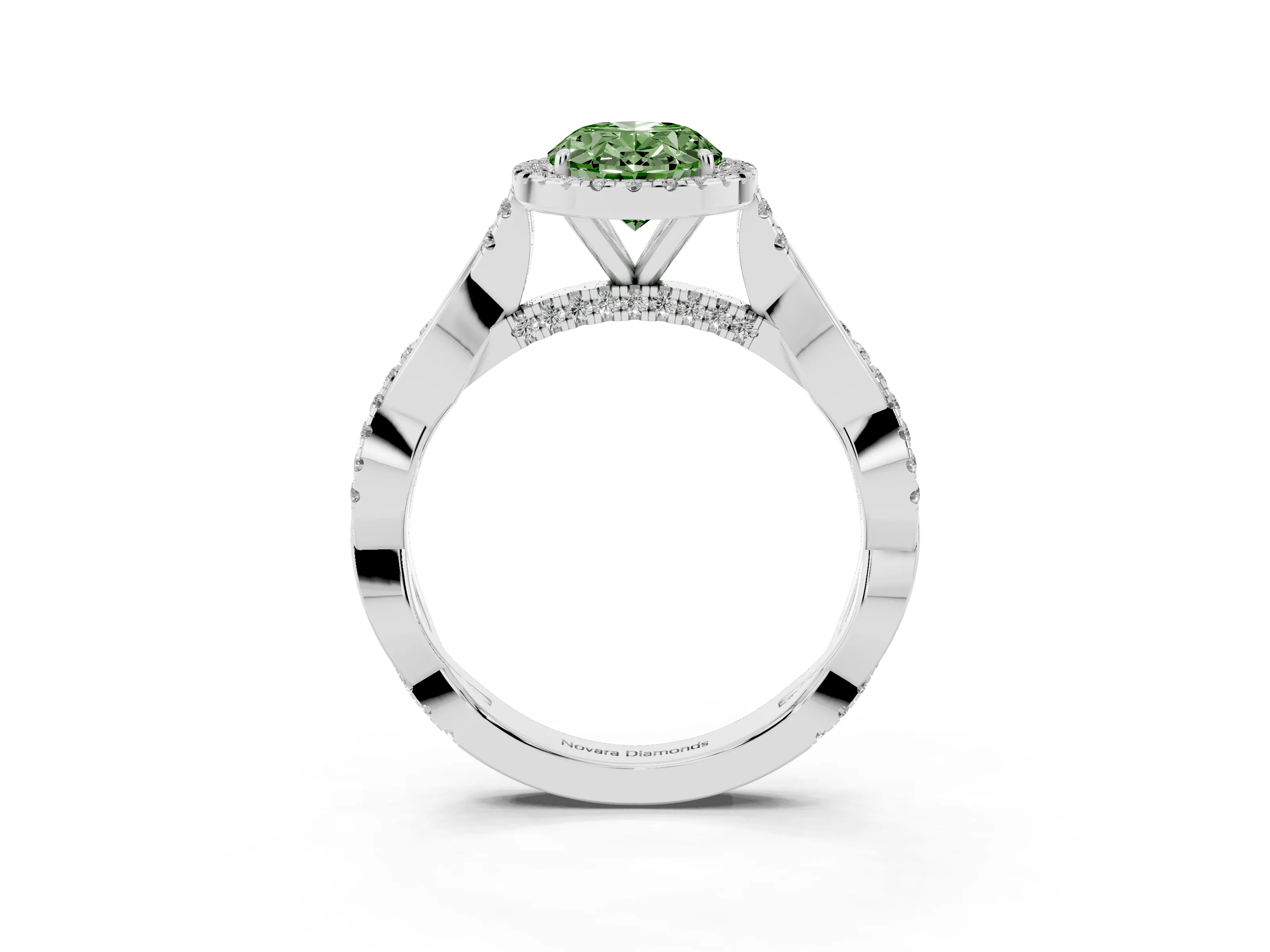 Fancy Green Oval Cut Diamond Halo Twist Band Solitaire Ring Set in White gold with Prong Setting