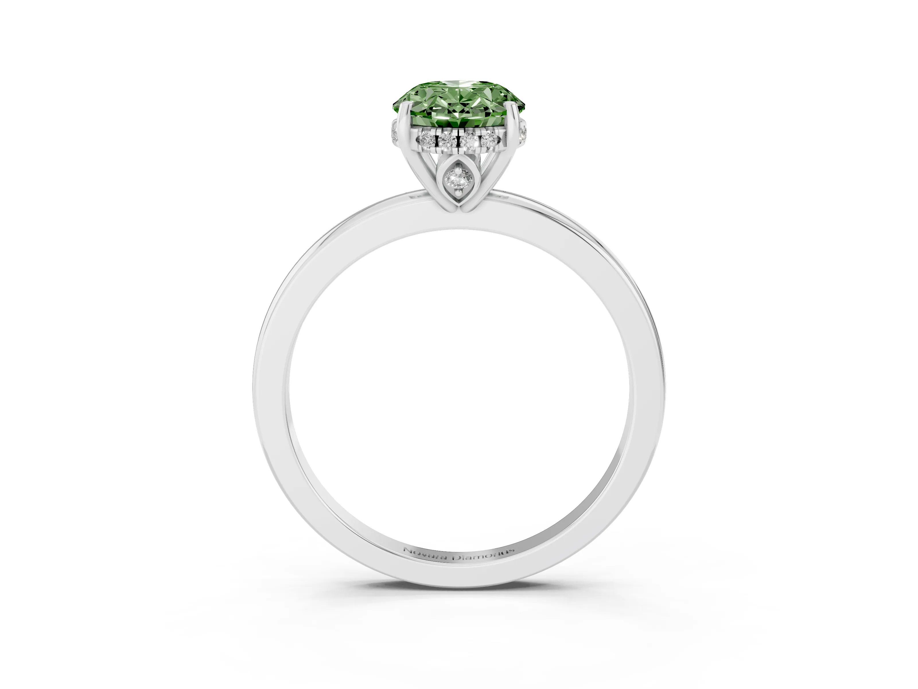 Fancy Green Oval Cut Diamond Solitaire Ring Set in Silver with Plain Band and Prong Setting