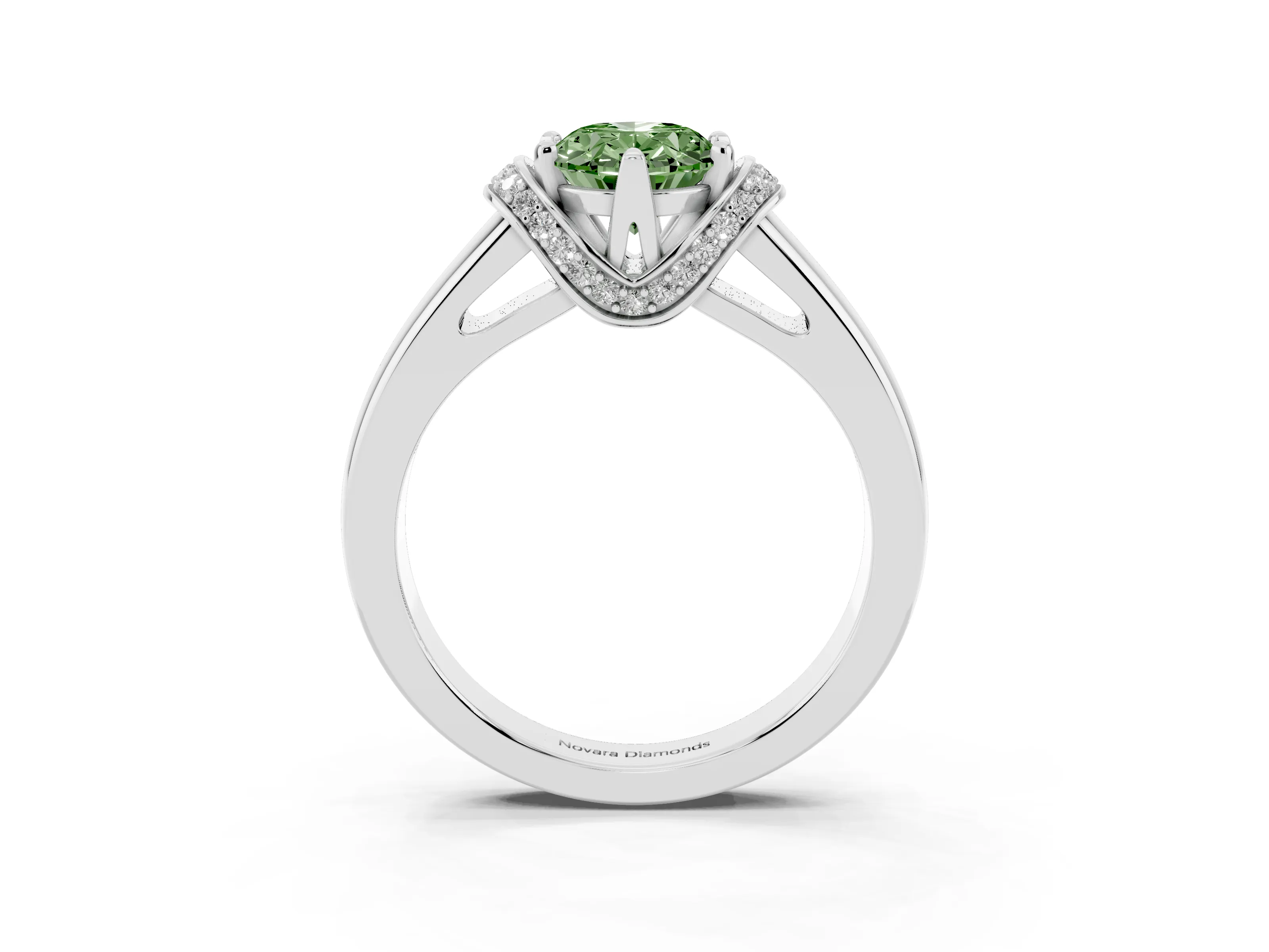 Fancy Green Oval Cut Diamond Pavé Band Solitaire Ring Set in Silver with Prong Setting