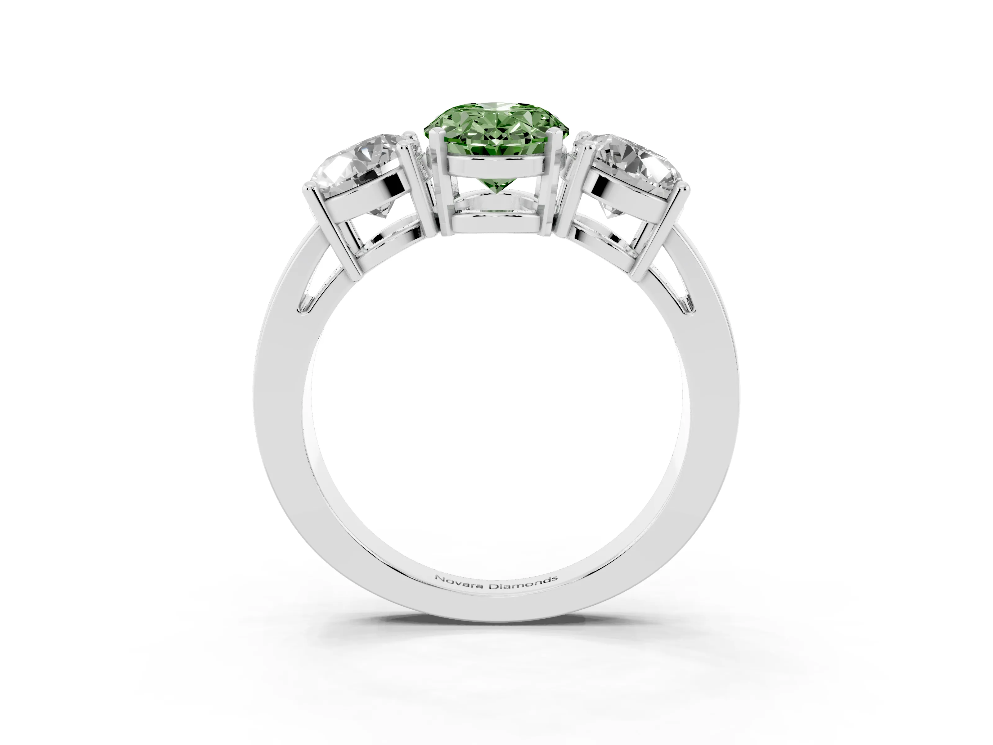 Fancy Green Oval Cut Diamond Three-Stone Ring Set in Platinum with Round Side Stones and Classic Band