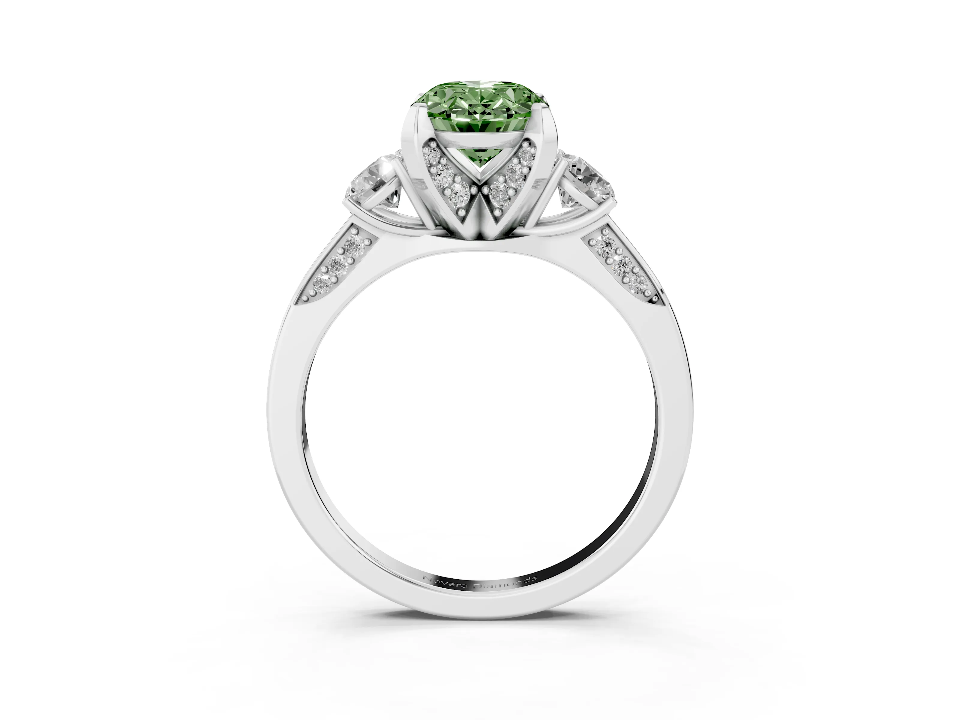 Fancy Green Oval Cut Diamond Three-Stone Ring Set in Silver with Pavé Band and Smaller Side Stones