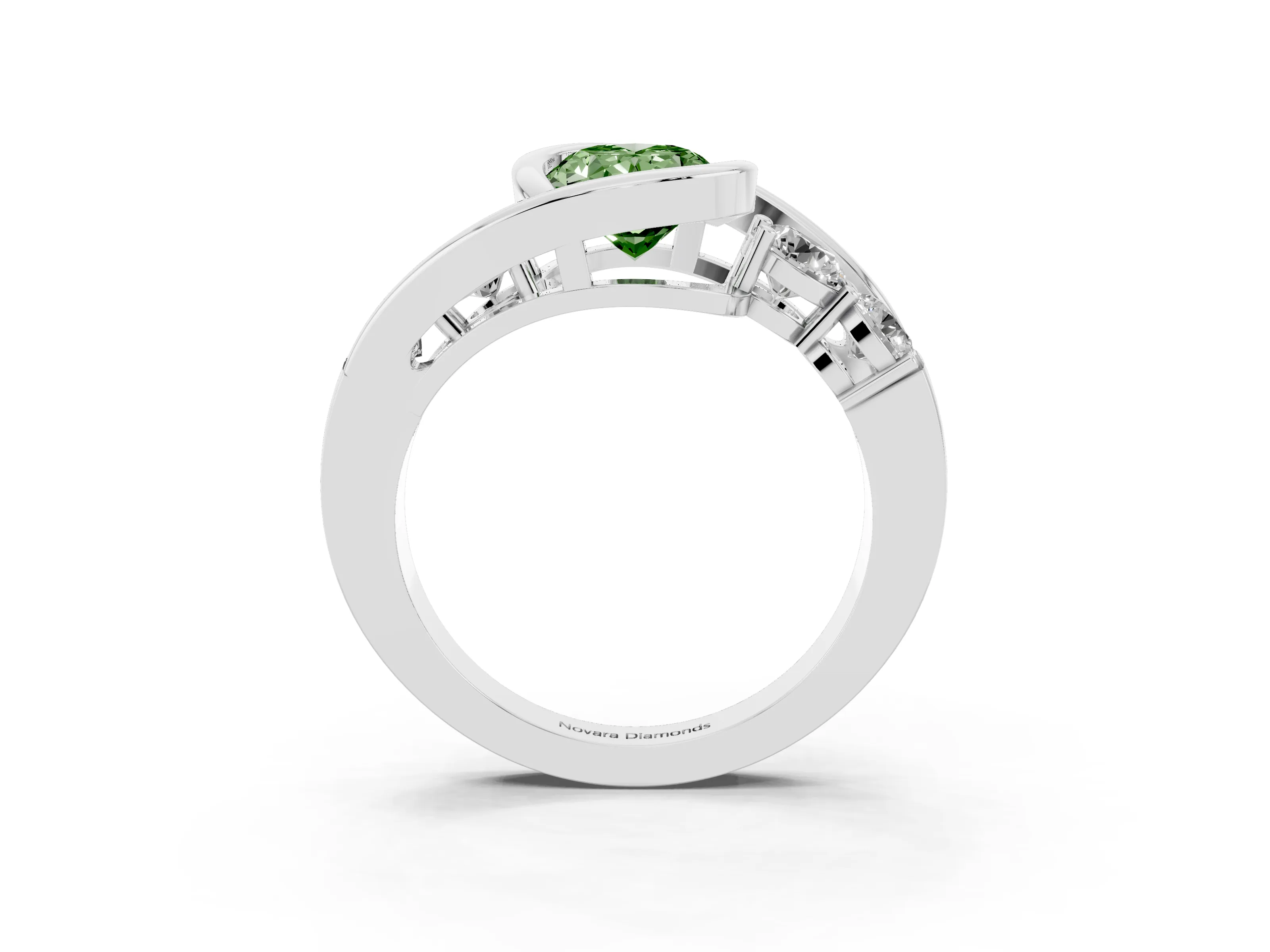 Fancy Green Oval Cut Diamond Bezel Bypass Ring Set in Silver with Round Accents