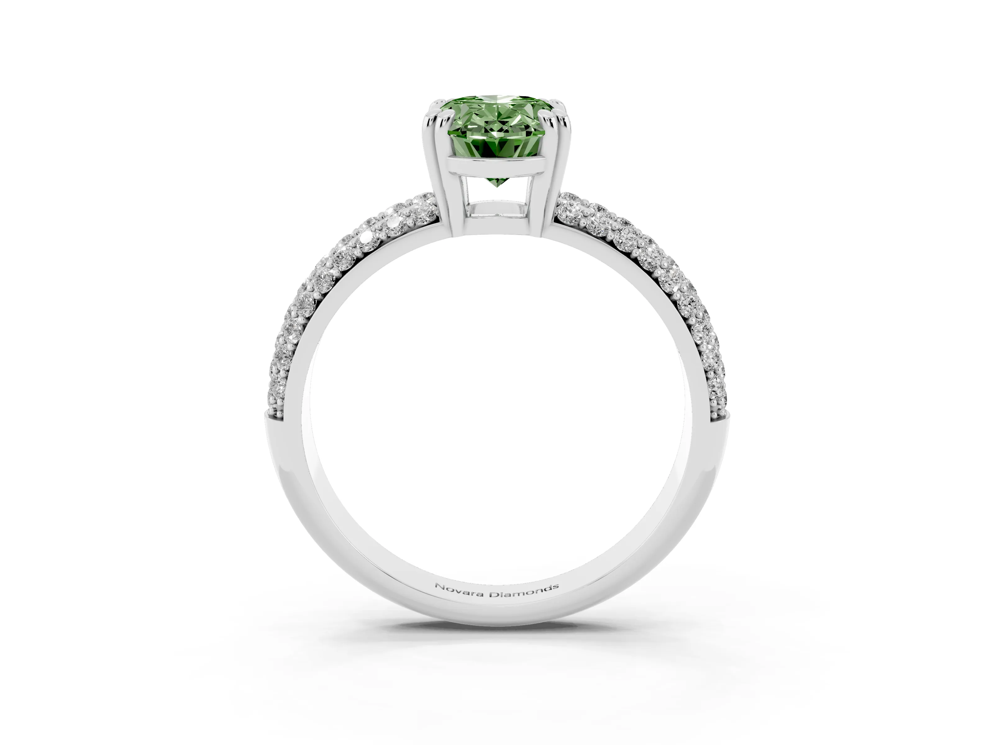 Fancy Green Oval Cut Diamond Solitaire Ring Set in Platinum with Multi-Row Round Pavé Band and Prong Setting