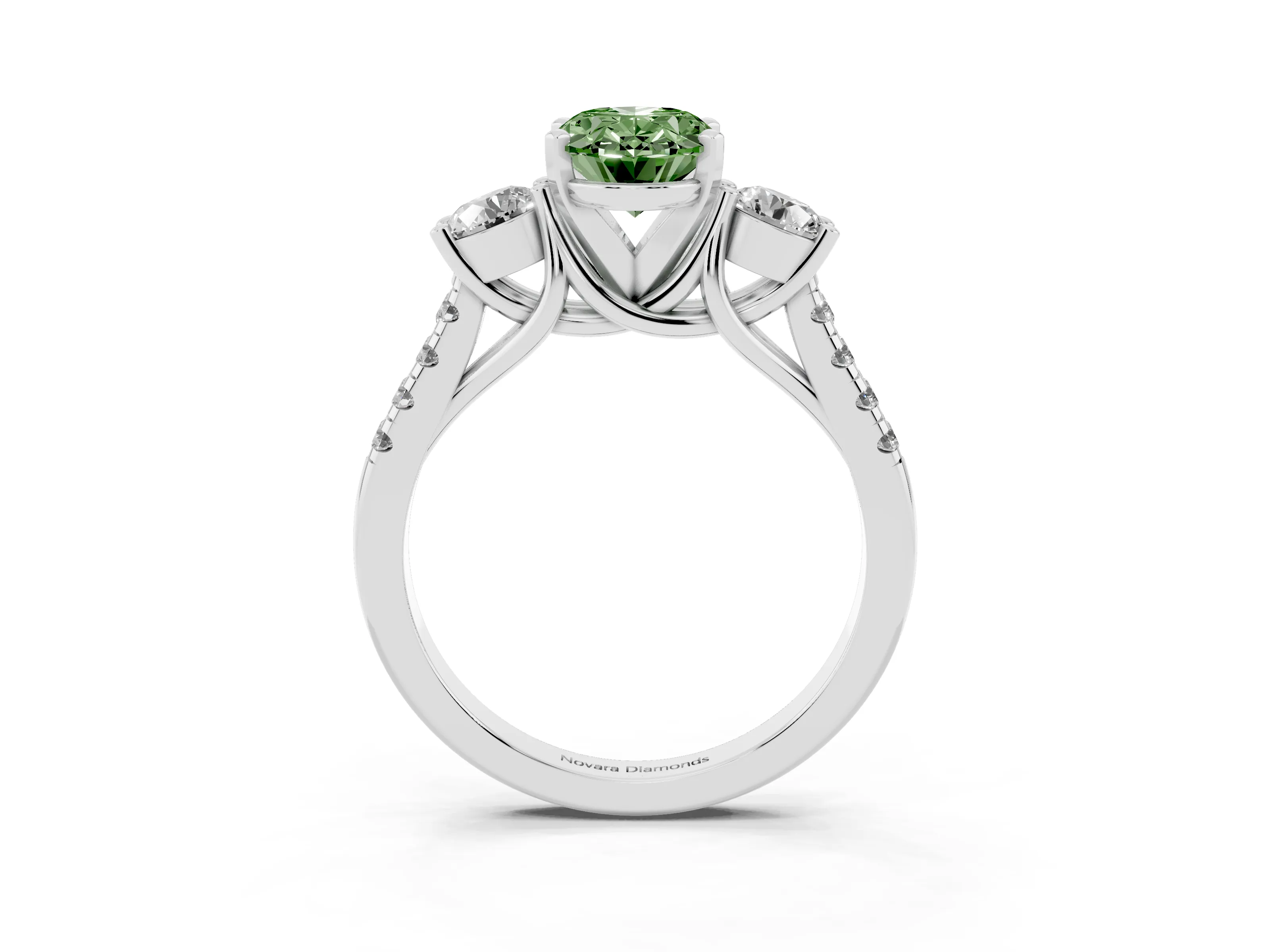 Fancy Green Three-Stone Oval Cut Diamond Pavé Band Ring Set in Silver with Prong-Set Trio