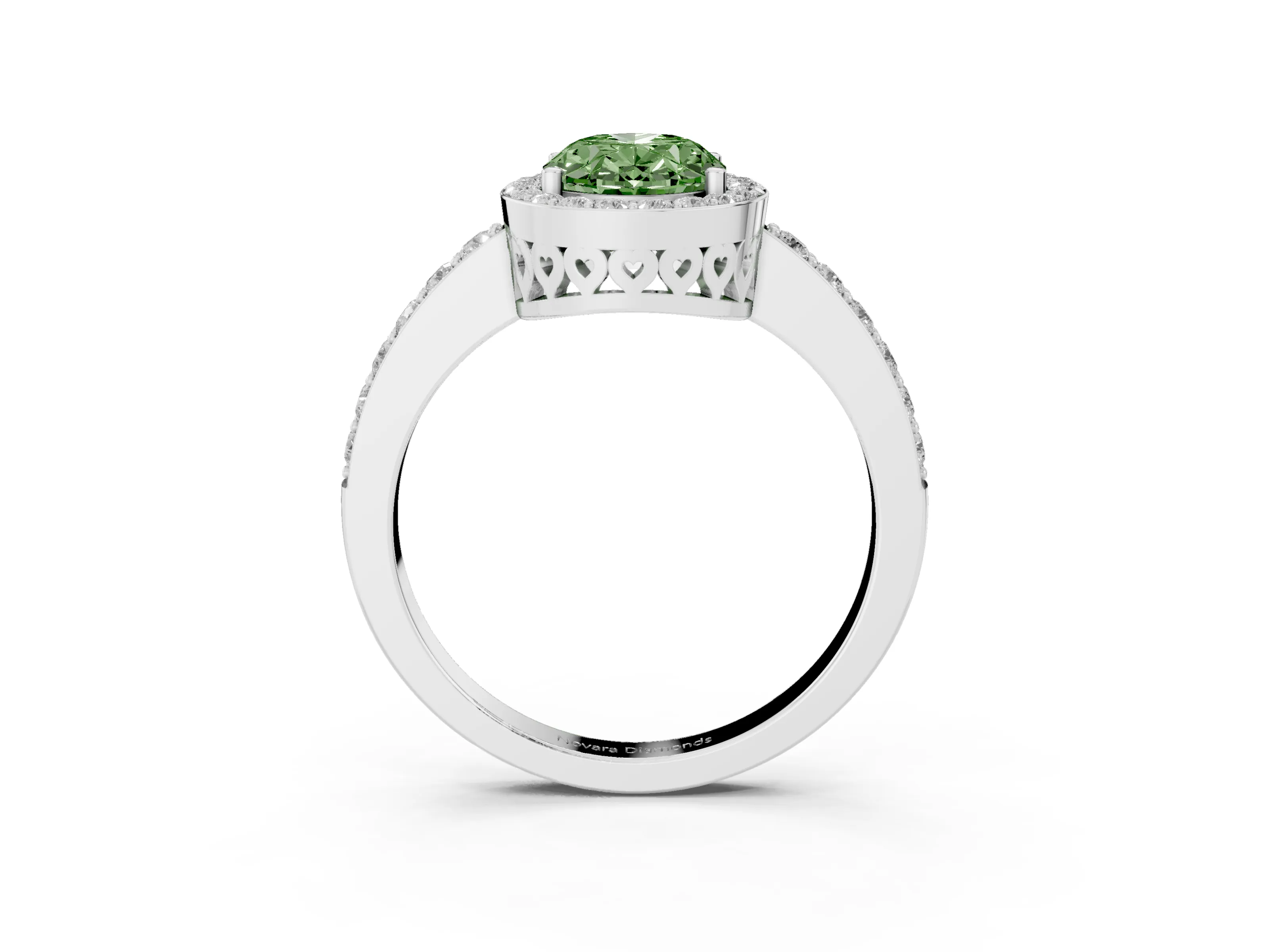 Fancy Green Oval Cut Diamond Halo Ring Set in White gold with Pavé-Setting Band and Open Prong Center