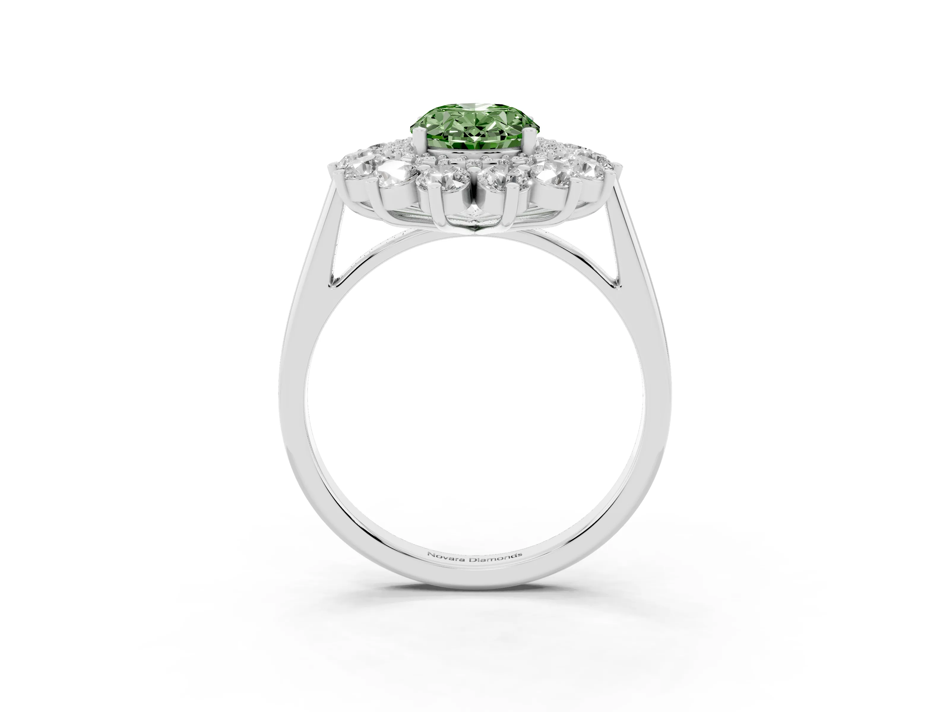 Fancy Green Oval Cut Diamond Floral Double Halo Ring Set in Silver with Round Petals