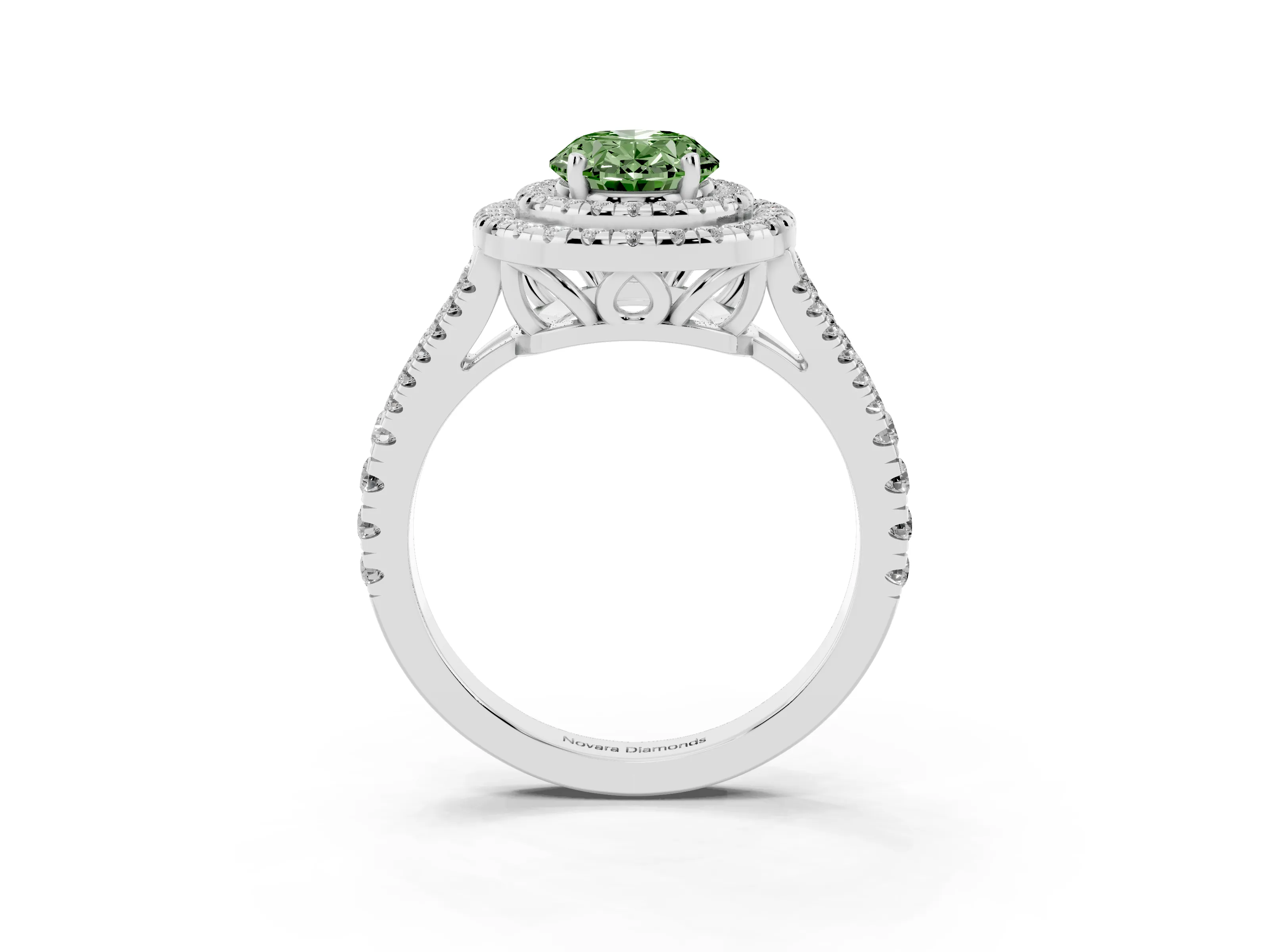 Fancy Green Oval Cut Diamond Double Halo Ring Set in Silver with Pavé Band