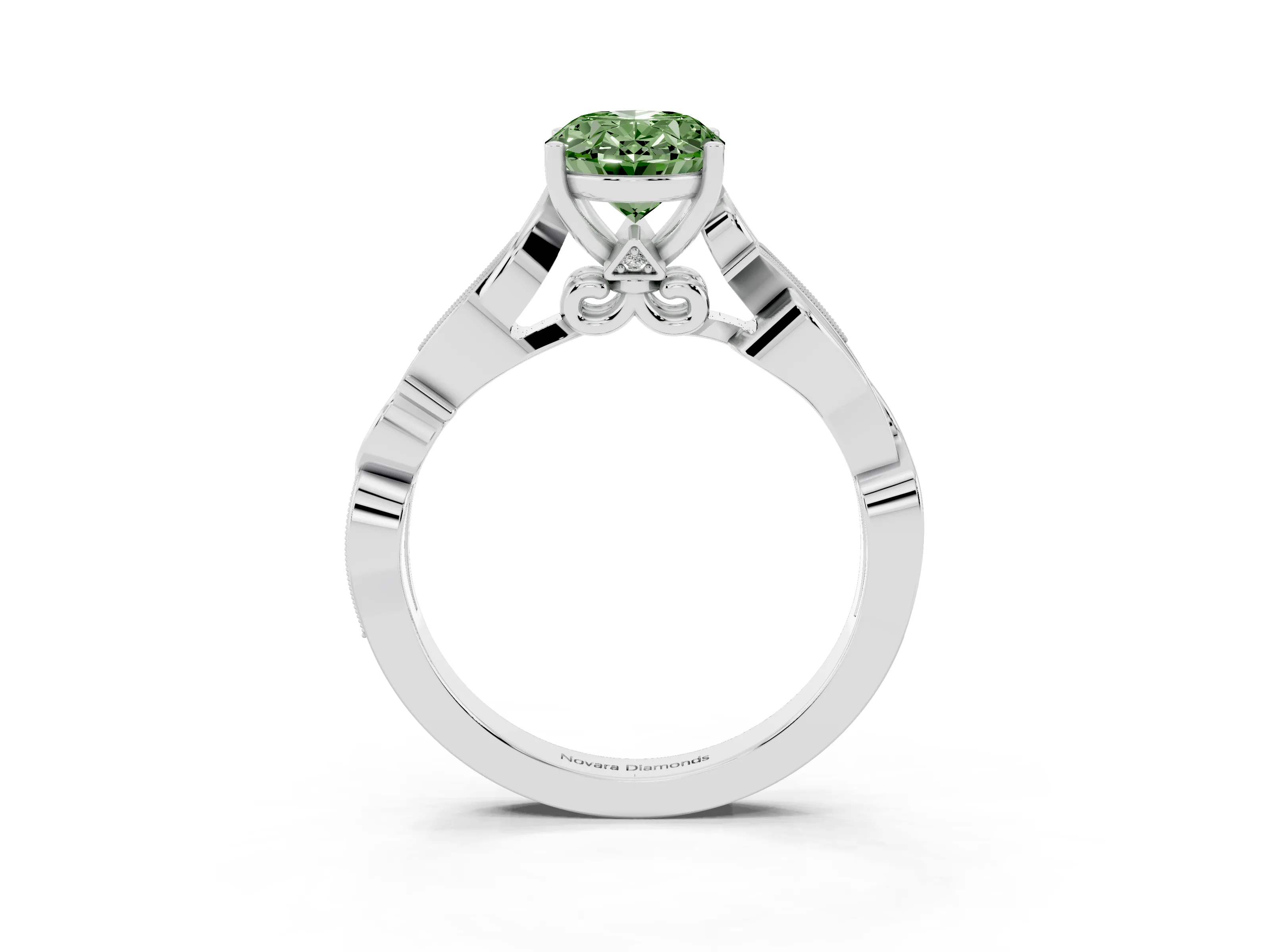 Fancy Green Oval Cut Diamond Vine Band Solitaire Ring Set in Silver with Milgrain Prong Setting