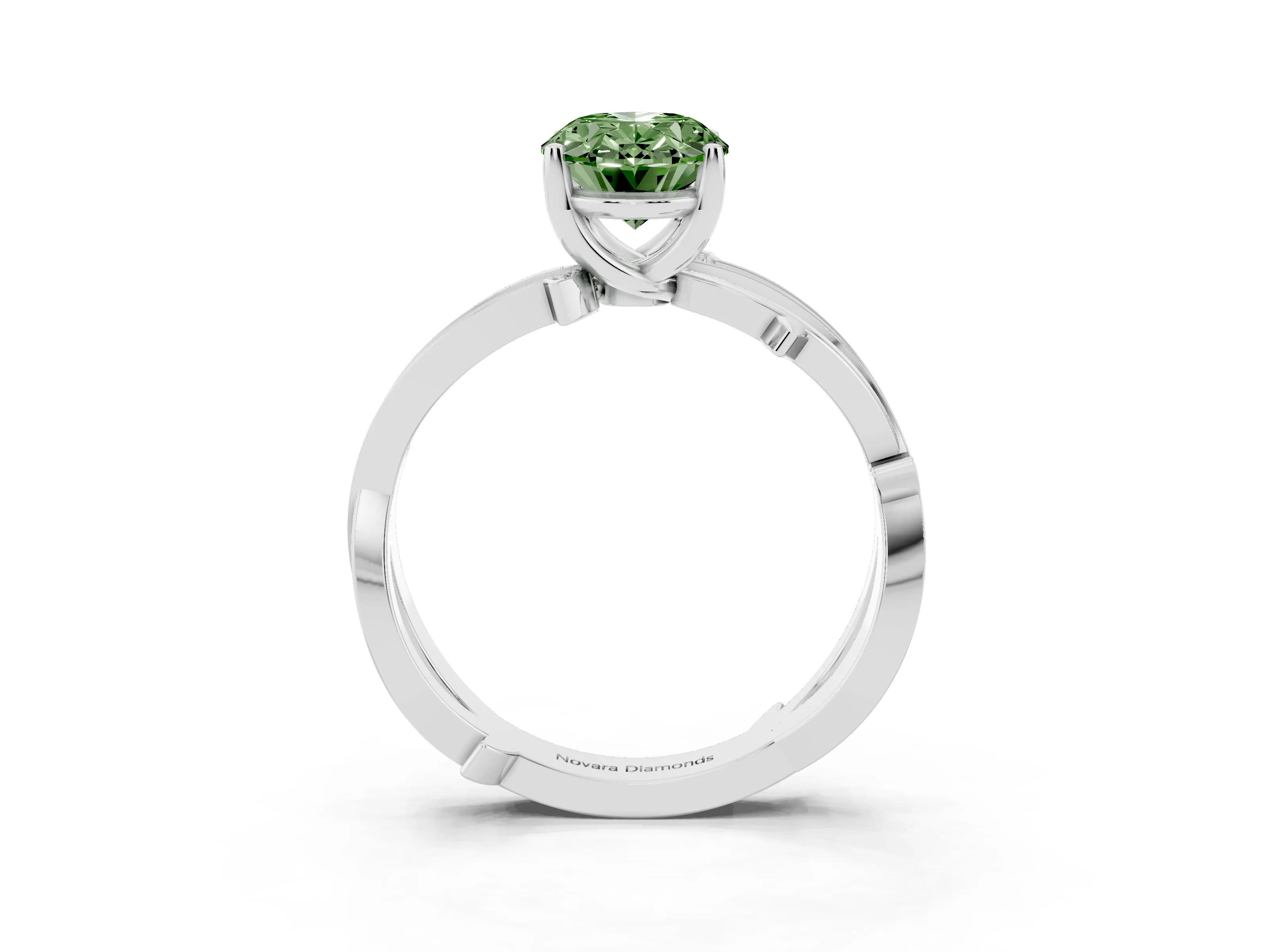 Fancy Green Oval Cut Diamond Pavé Twist Band Solitaire Ring Set in Platinum with Prong Setting