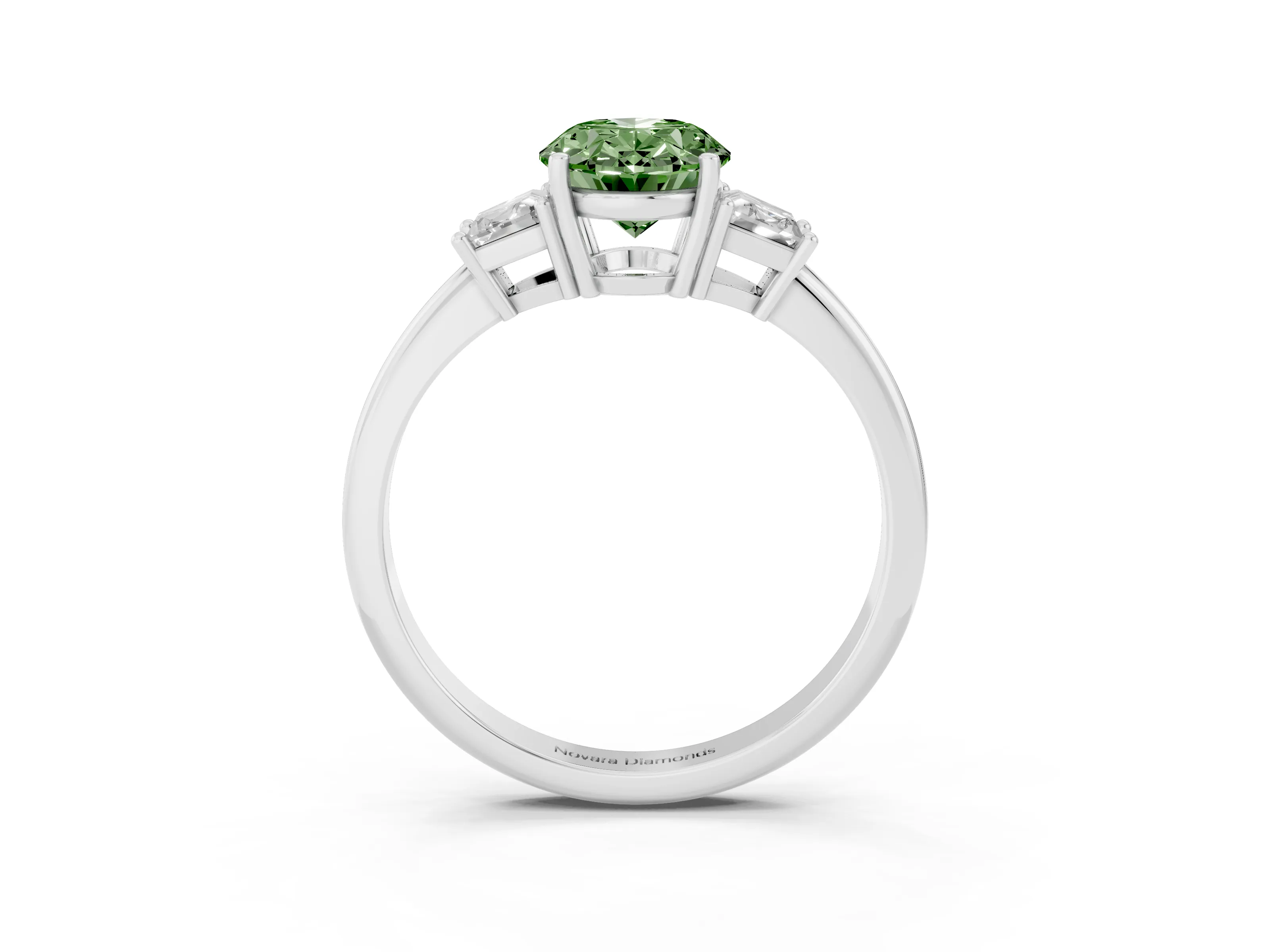 Fancy Green Oval Cut Diamond Three-Stone Ring Set in White gold with Trapezoid Side Stones and Prong Setting