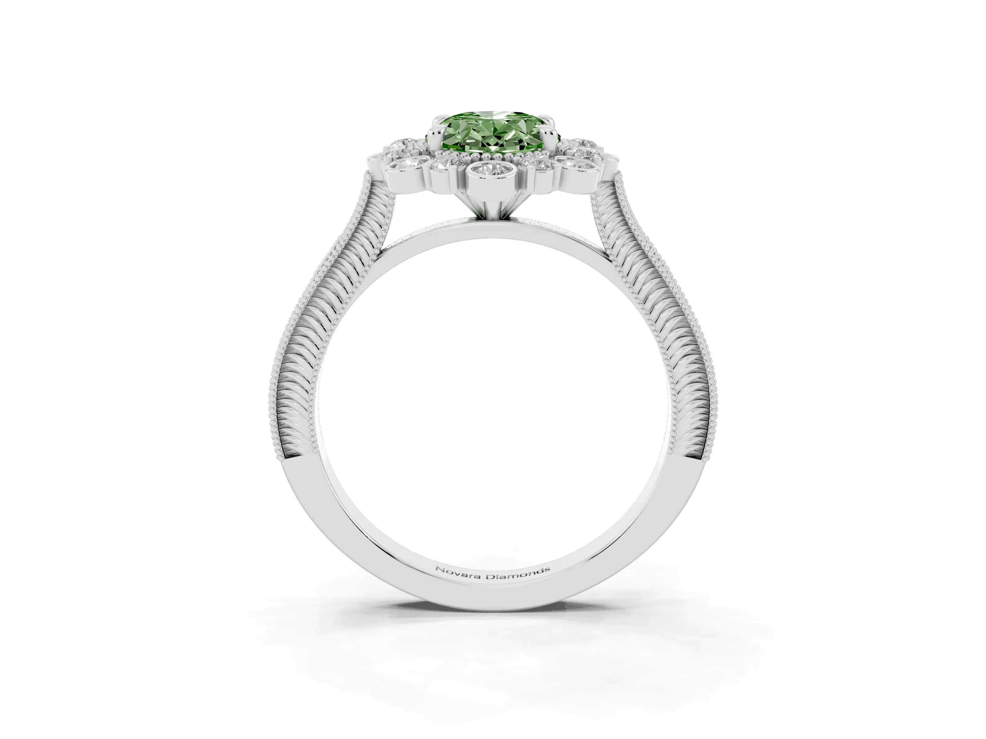 Fancy Green Oval Cut Diamond Halo Milgrain Pavé Ring Set in Silver with Prong Setting