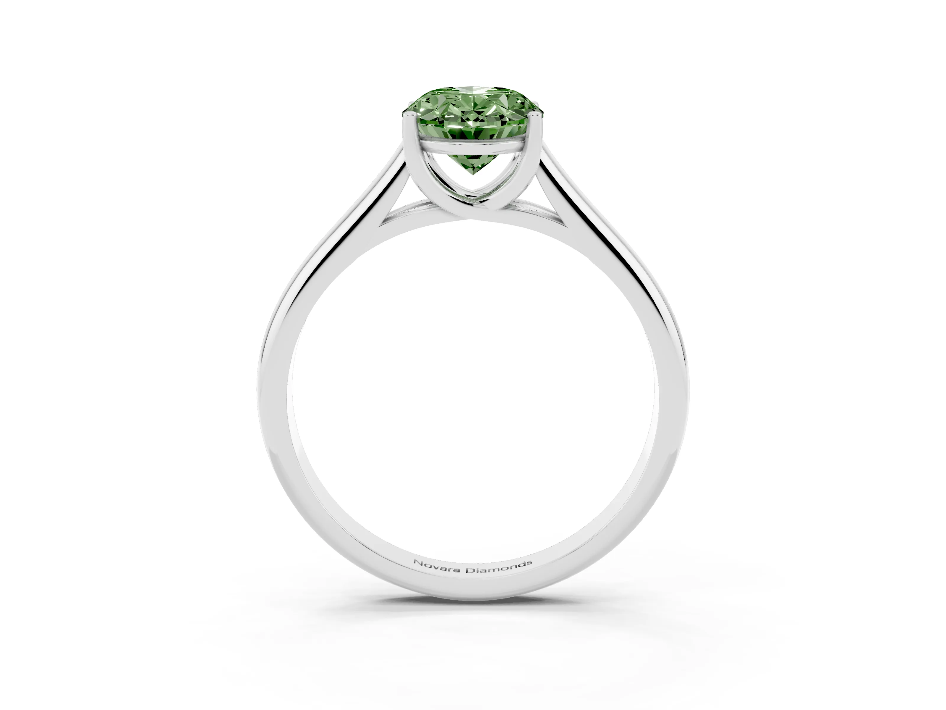 Fancy Green Oval Cut Diamond Solitaire Engagement Ring Set in White gold with Subtly Tapered Band and Prong Setting