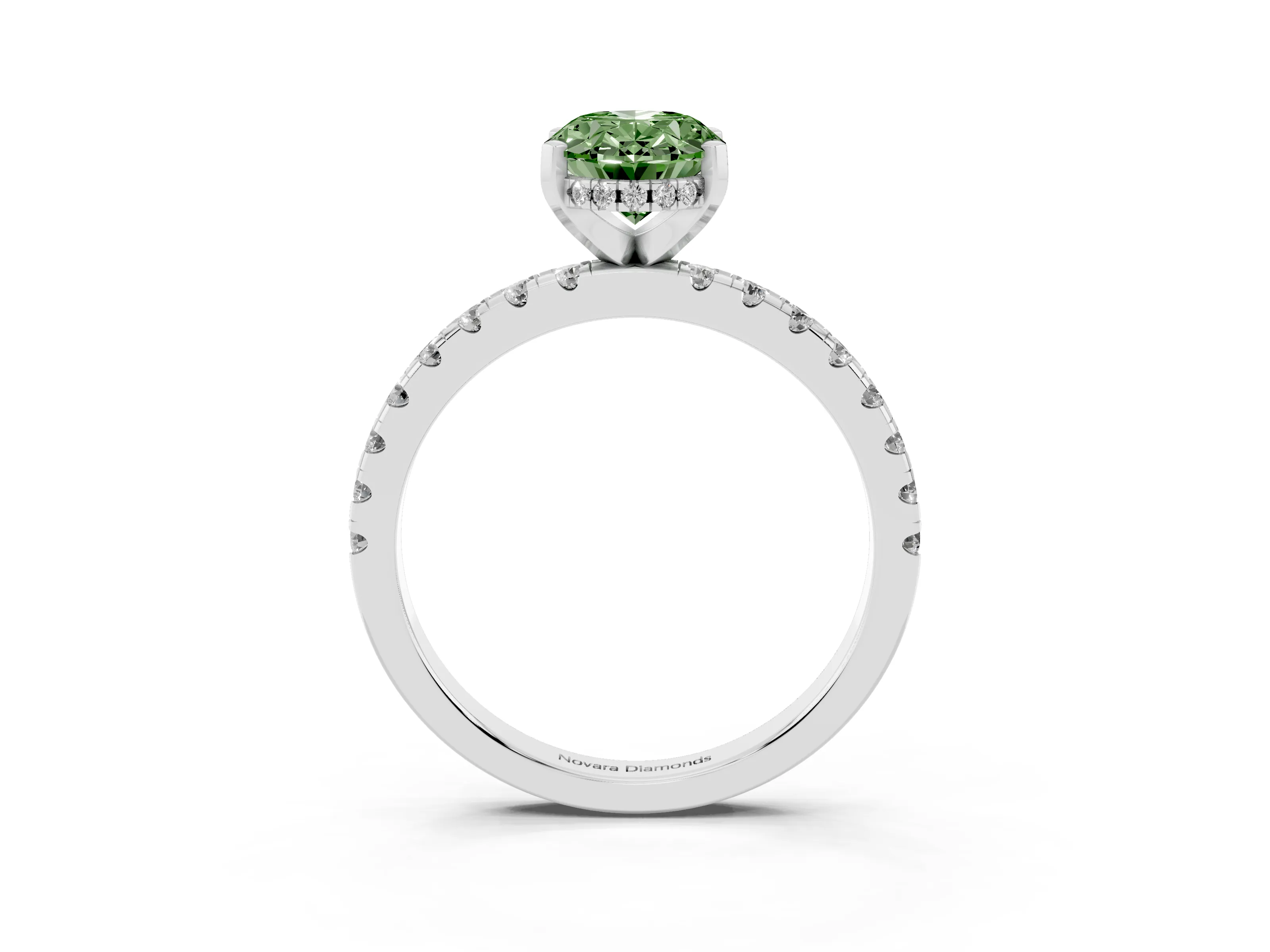 Fancy Green Oval Cut Diamond Pavé Solitaire Ring Set in Platinum with Round Band Accents and Prong Setting