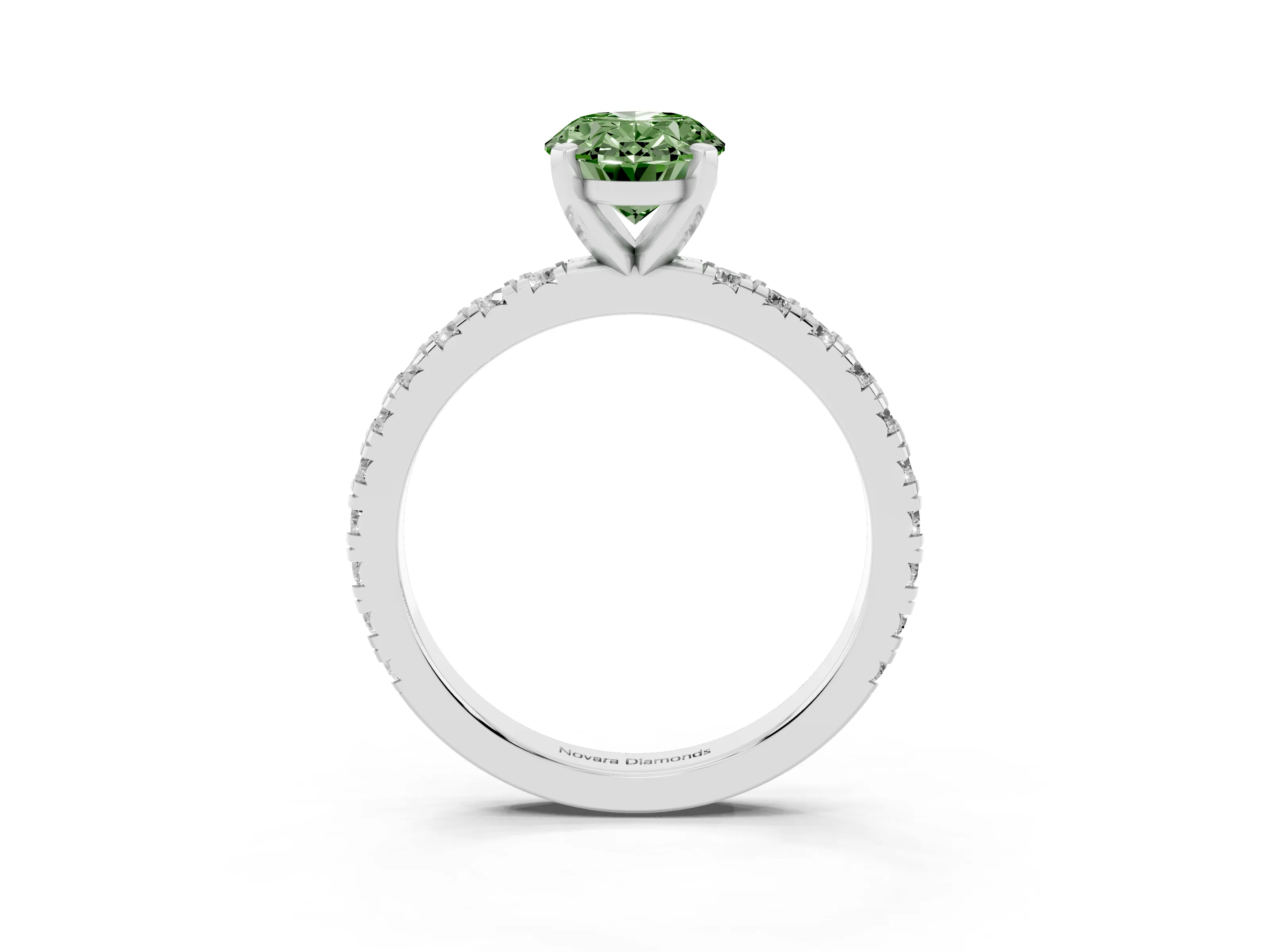 Fancy Green Oval Cut Diamond Pavé Band Solitaire Set in White gold with Prong Setting