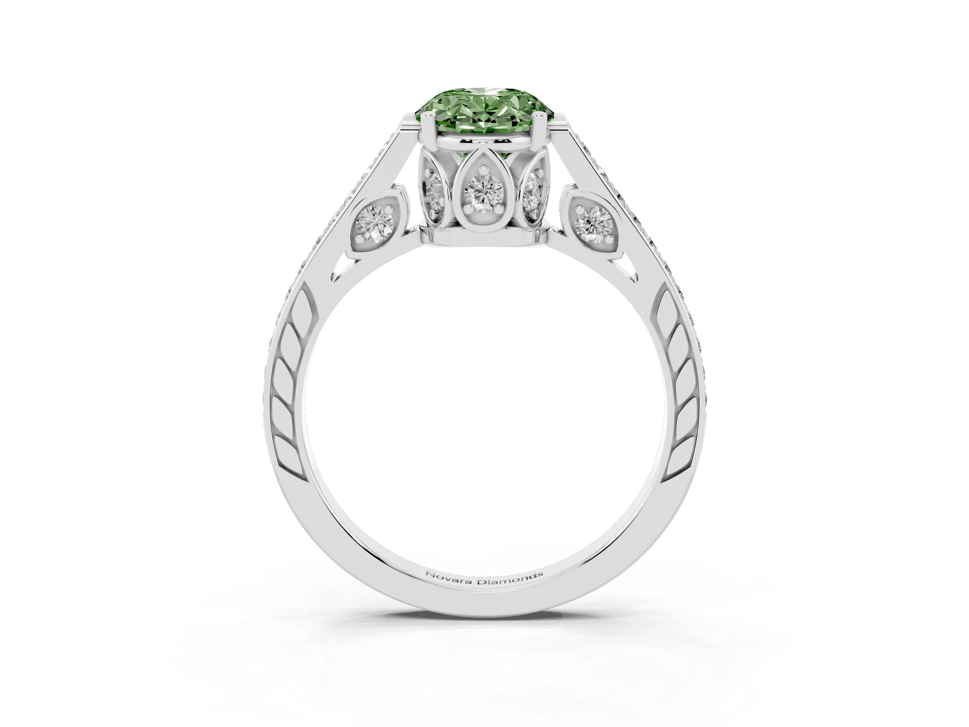 Fancy Green Oval Cut Diamond Cathedral Pavé Engagement Ring Set in Silver with Prong Setting