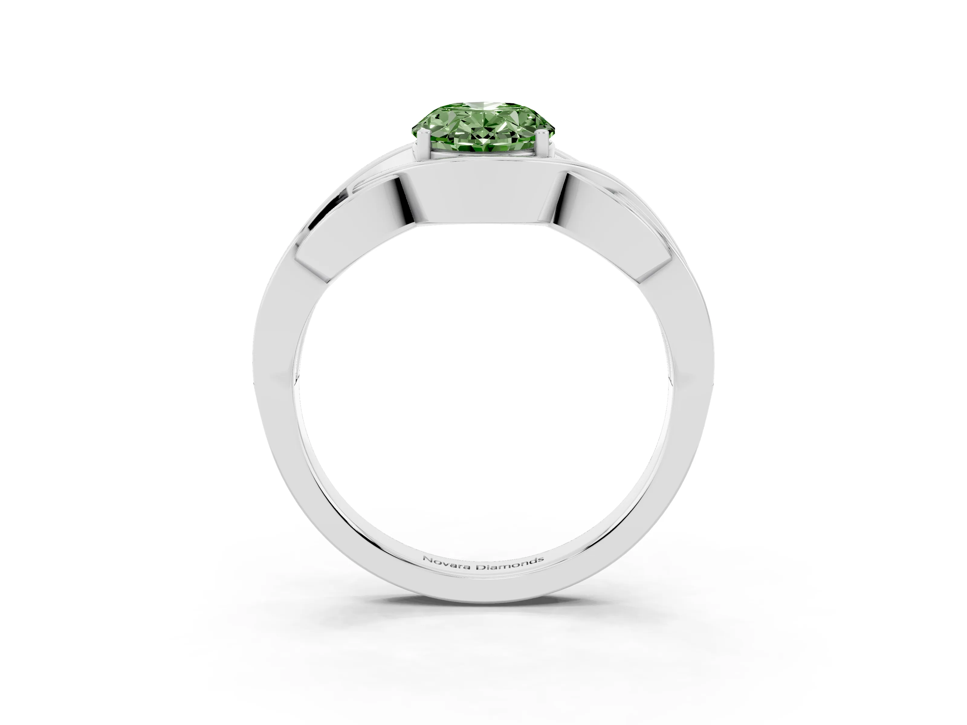 Fancy Green Oval Cut Diamond Solitaire Ring Set in Platinum with Intertwined Band