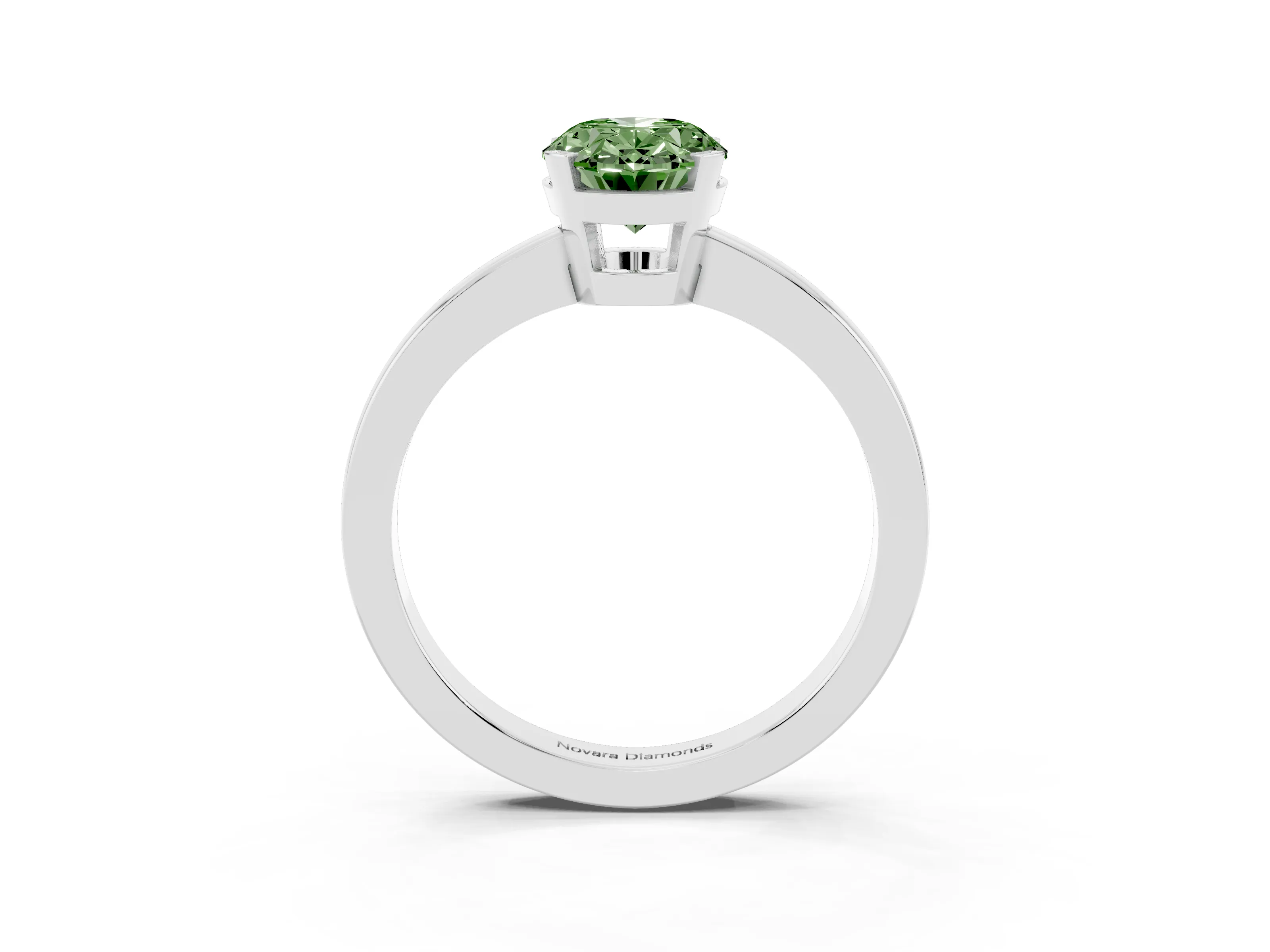 Fancy Green Oval Cut Diamond Solitaire Ring Set in Platinum with Prong Head and Smooth Polished Band