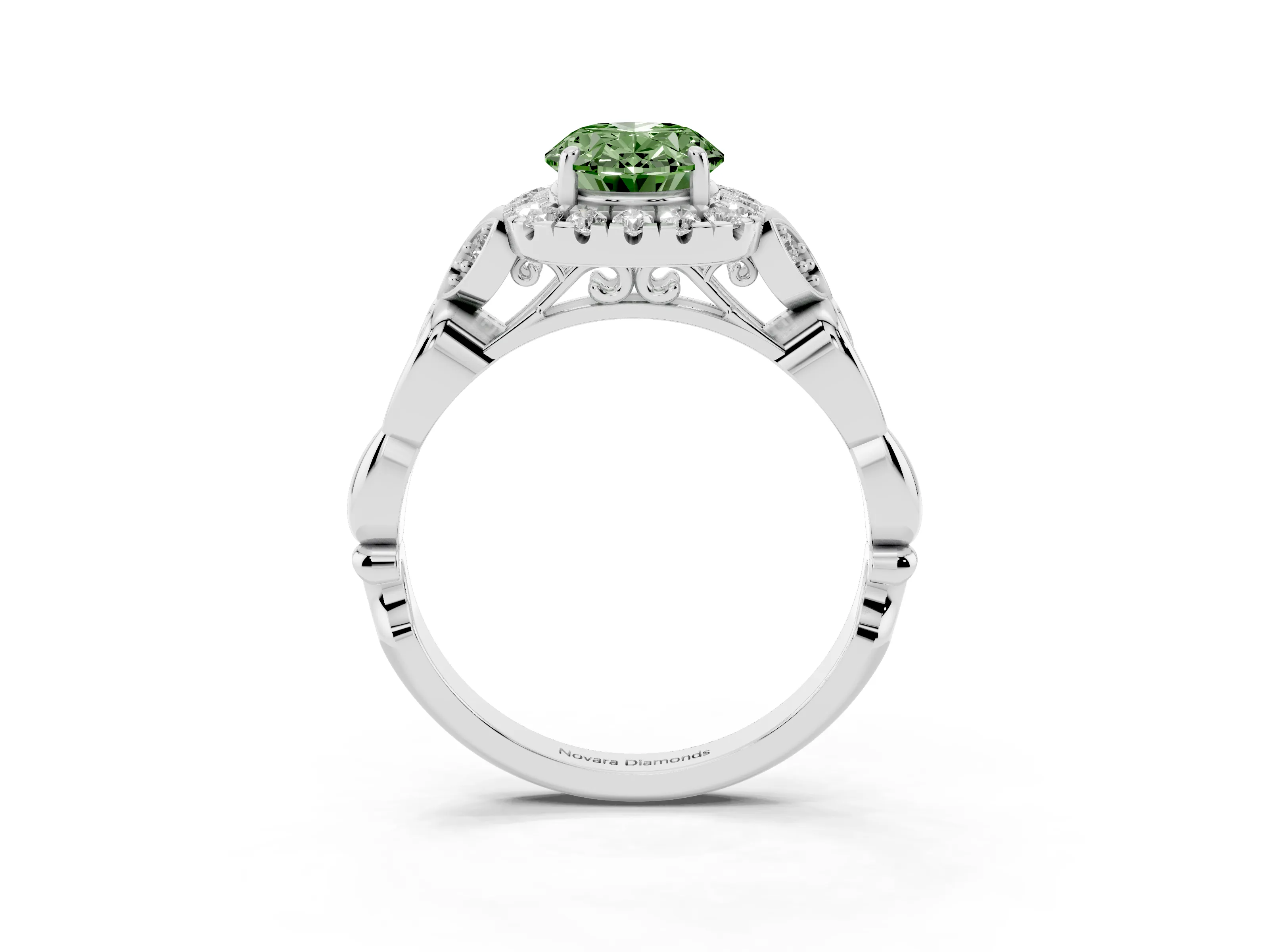 Fancy Green Oval Cut Diamond Halo Engagement Ring Set in Platinum with Vintage-Inspired Band and Prong Setting