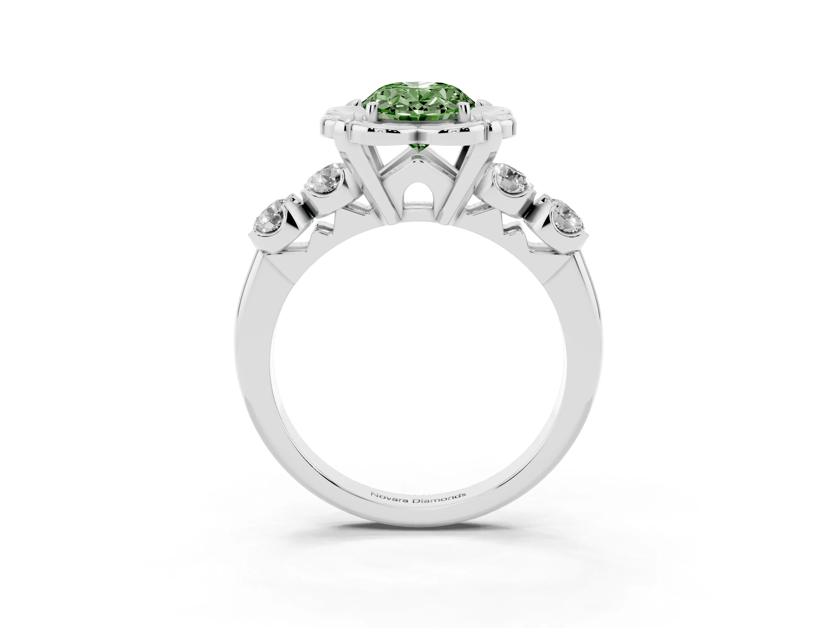 Fancy Green Oval Cut Diamond Floral Halo Ring Set in Platinum with Shared Prong Band