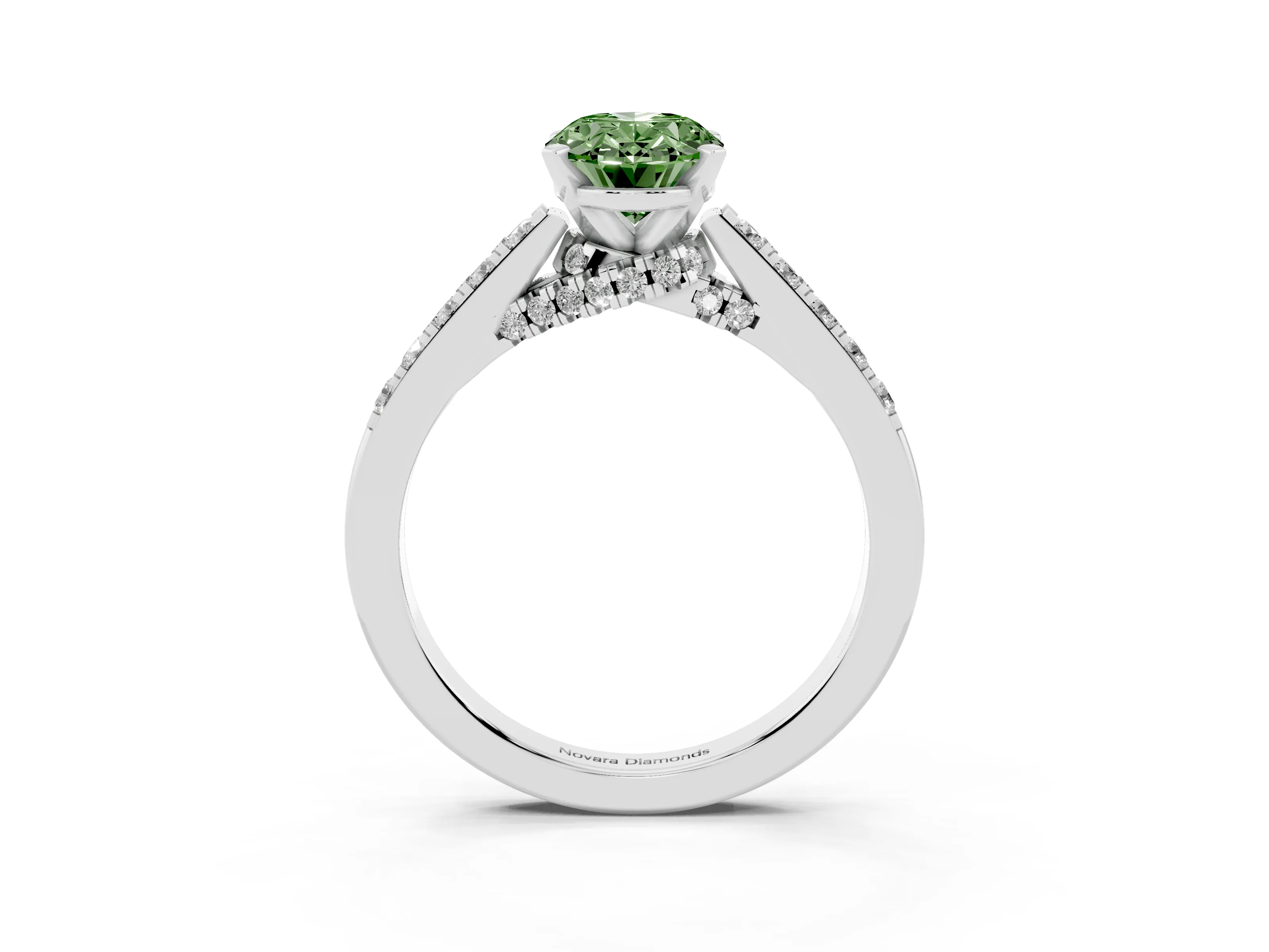 Fancy Green Oval Cut Diamond Solitaire Ring Set in Platinum with Crossover Gallery and Round Pavé Band