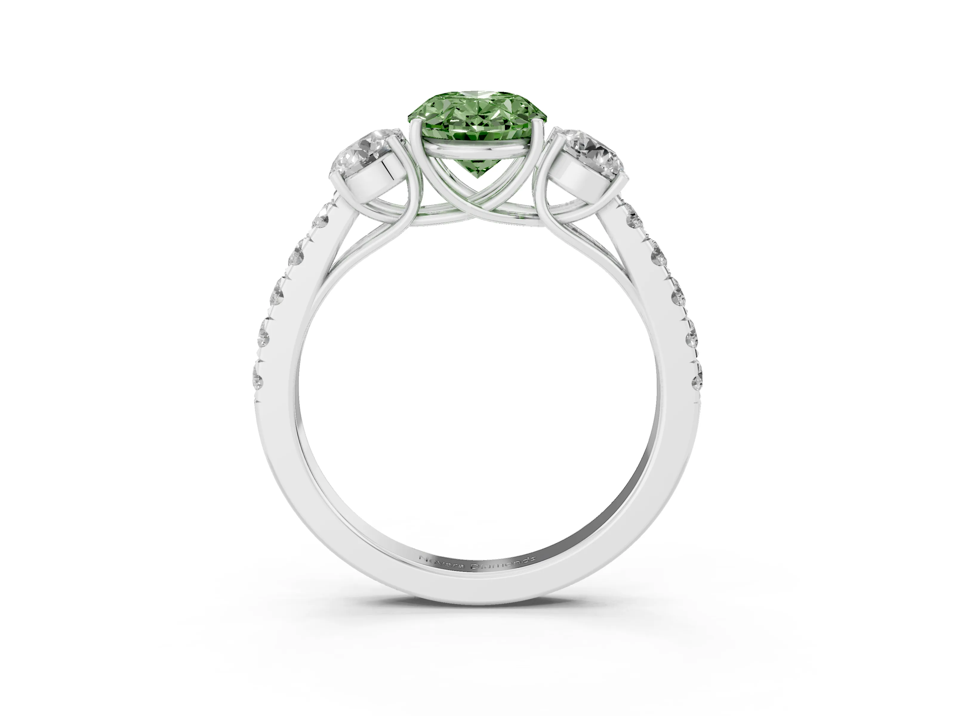 Fancy Green Oval Cut Diamond Three-Stone Ring Set in Silver with Round Side Stones and Delicate Pavé Band