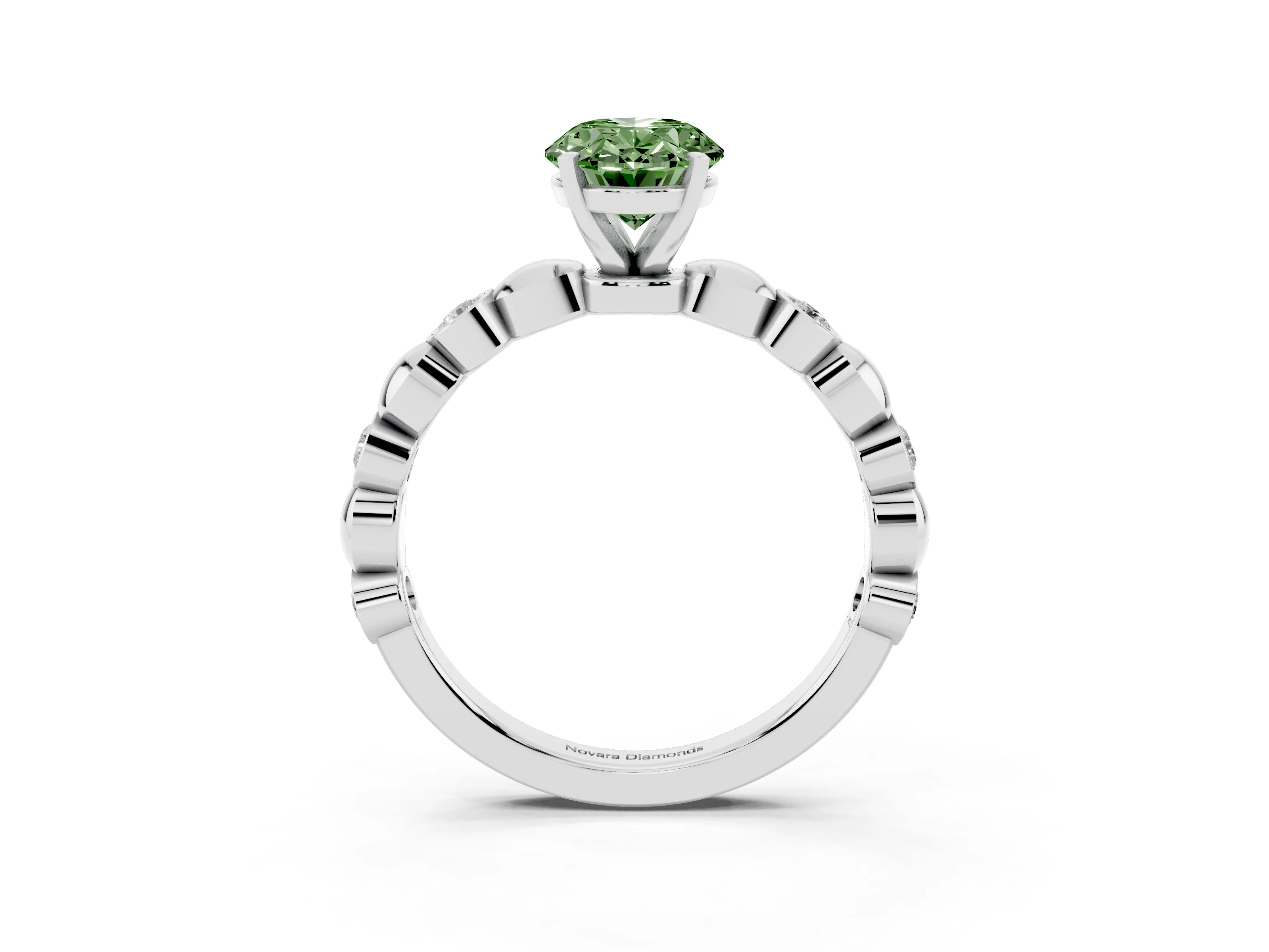 Fancy Green Oval Cut Diamond Solitaire Ring Set in Silver with Bezel-Set Accents on Beaded Band and Prong Setting