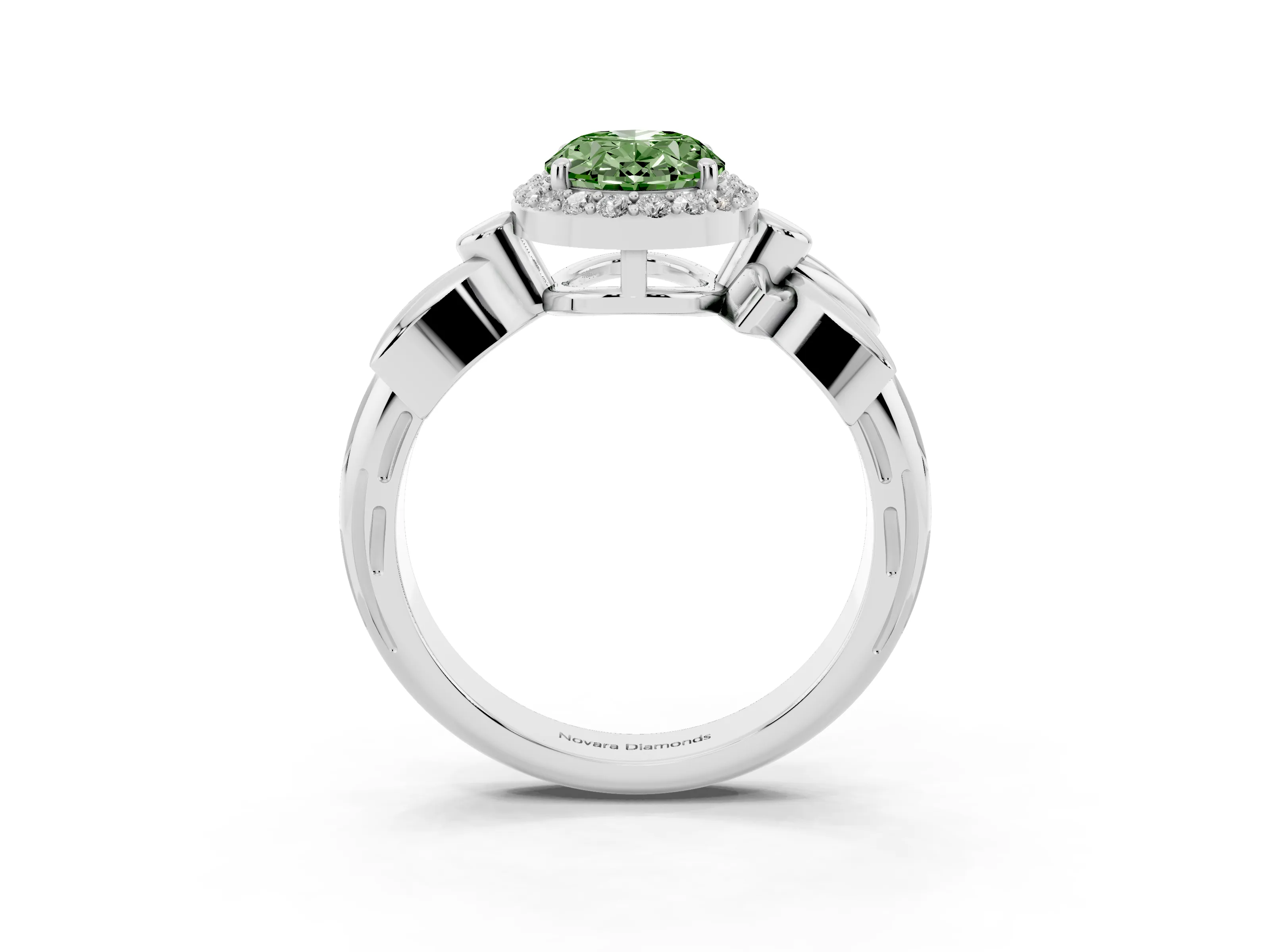 Fancy Green Oval Cut Diamond Halo Floral Band Ring Set in Silver with Prong Setting
