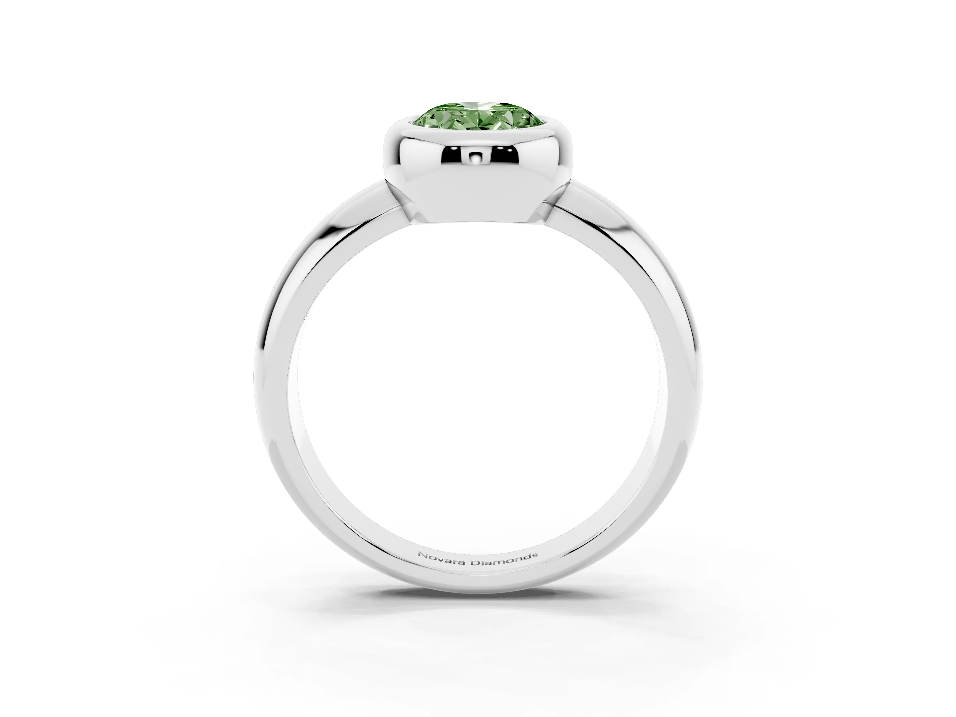 Fancy Green Bezel Set Oval Cut Diamond Solitaire Ring Set in Platinum with Wide Band
