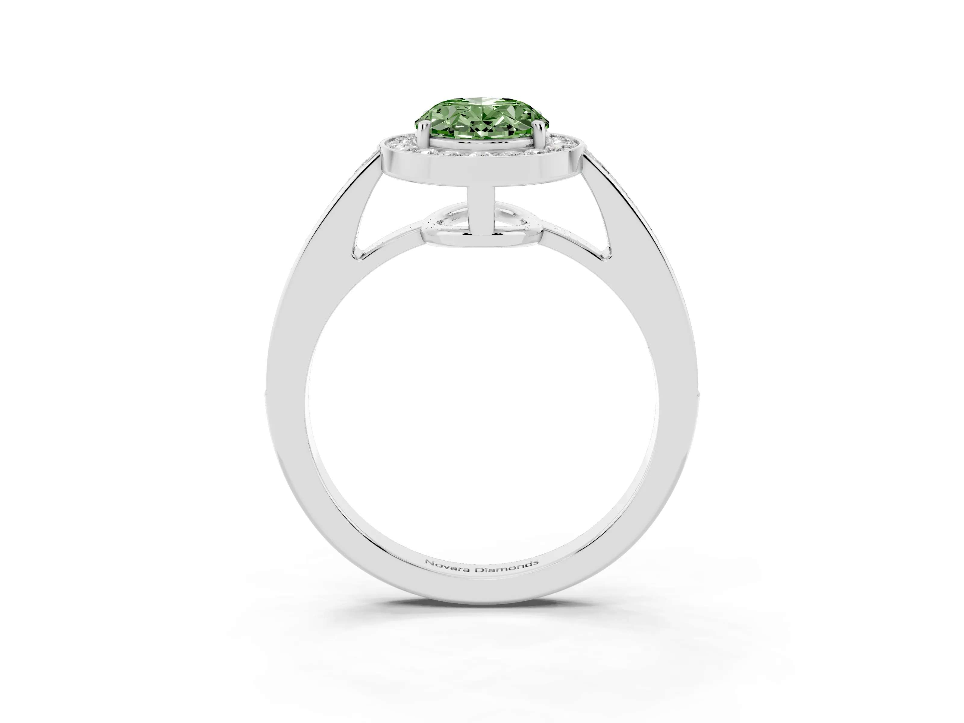 Fancy Green Oval Cut Diamond Halo Pavé Engagement Ring Set in White gold with Bezel Setting
