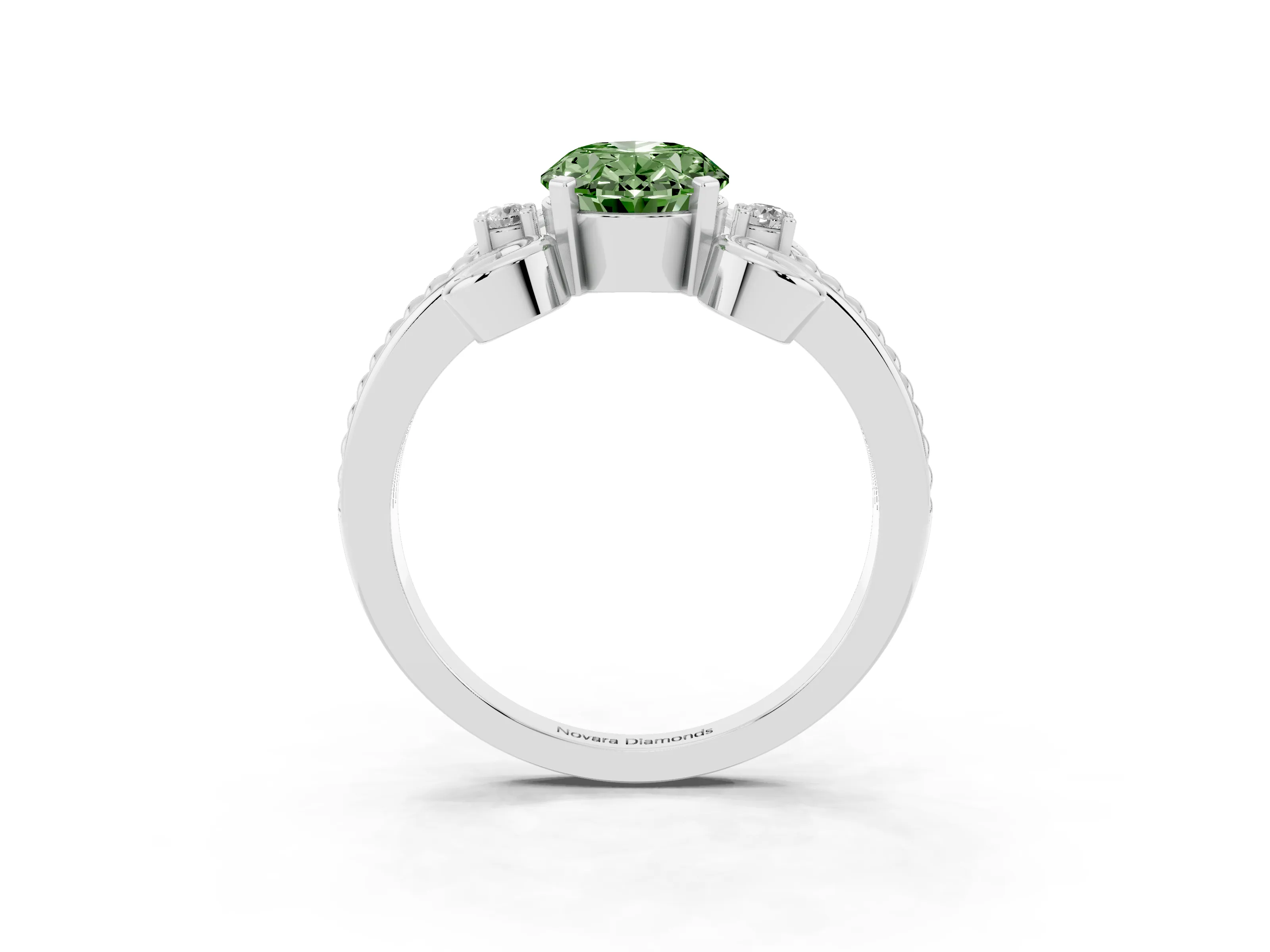 Fancy Green Oval Cut Diamond Twisted Band Solitaire Ring Set in Platinum with Scroll Prongs