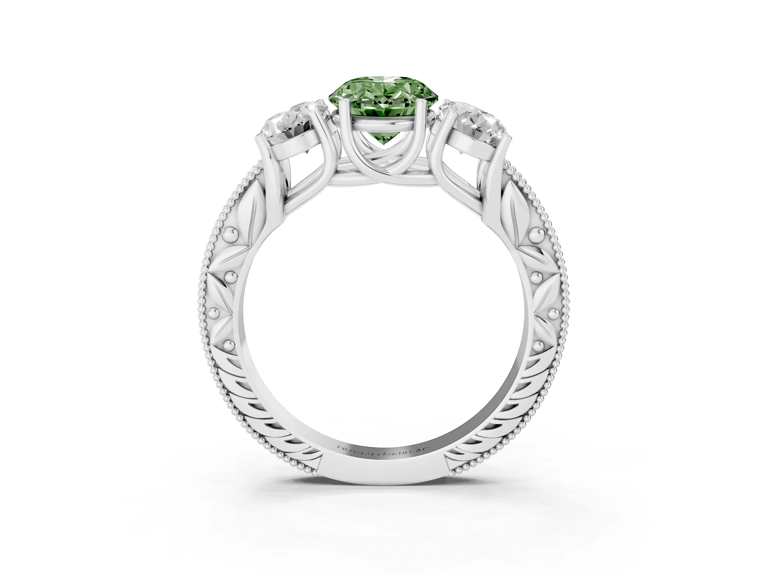 Fancy Green Oval Cut Diamond Three-Stone Engagement Ring Set in Silver with Milgrain Pavé Band