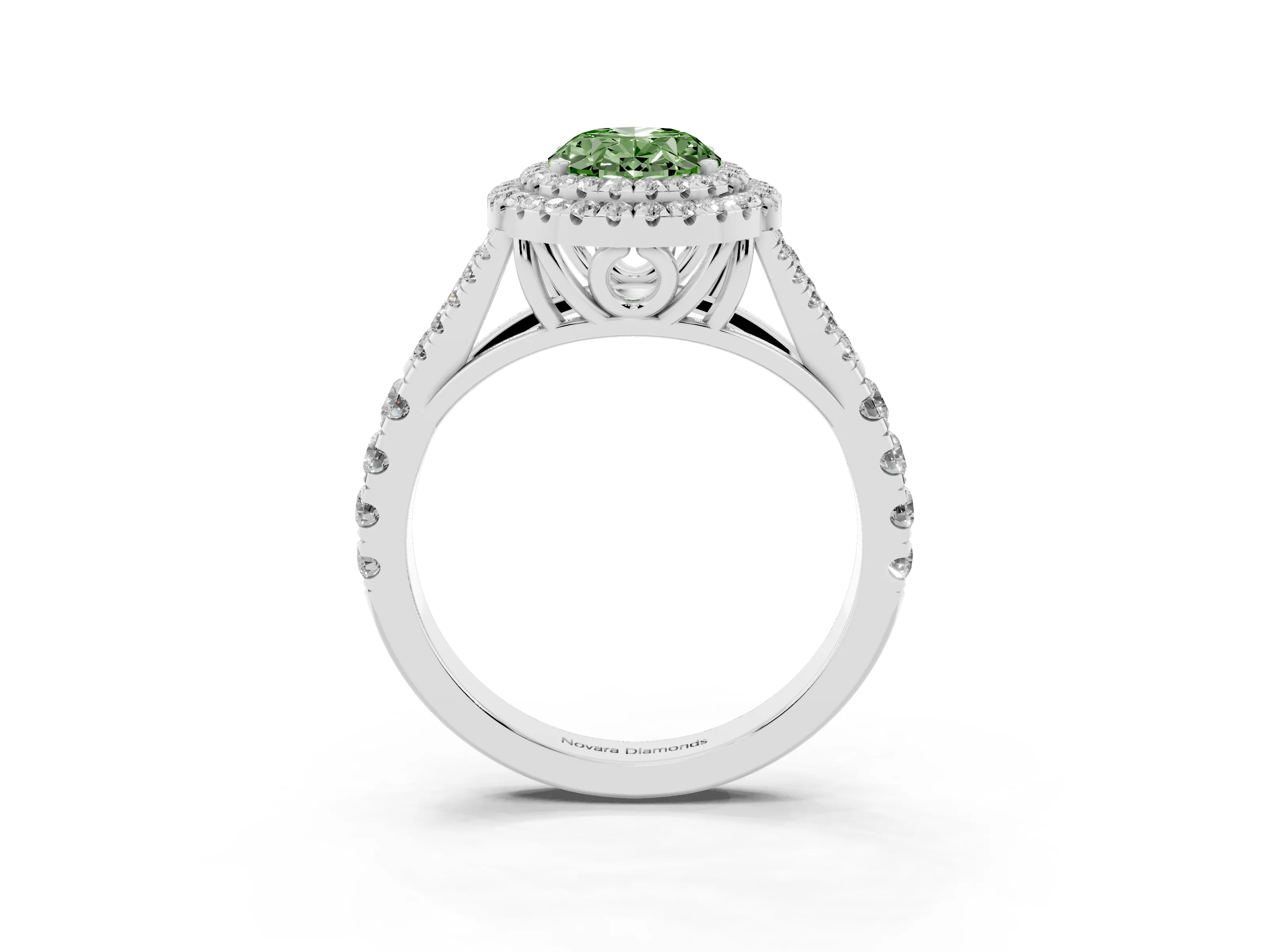 Fancy Green Oval Cut Diamond Pavé Split Shank Double Halo Engagement Ring Set in Silver