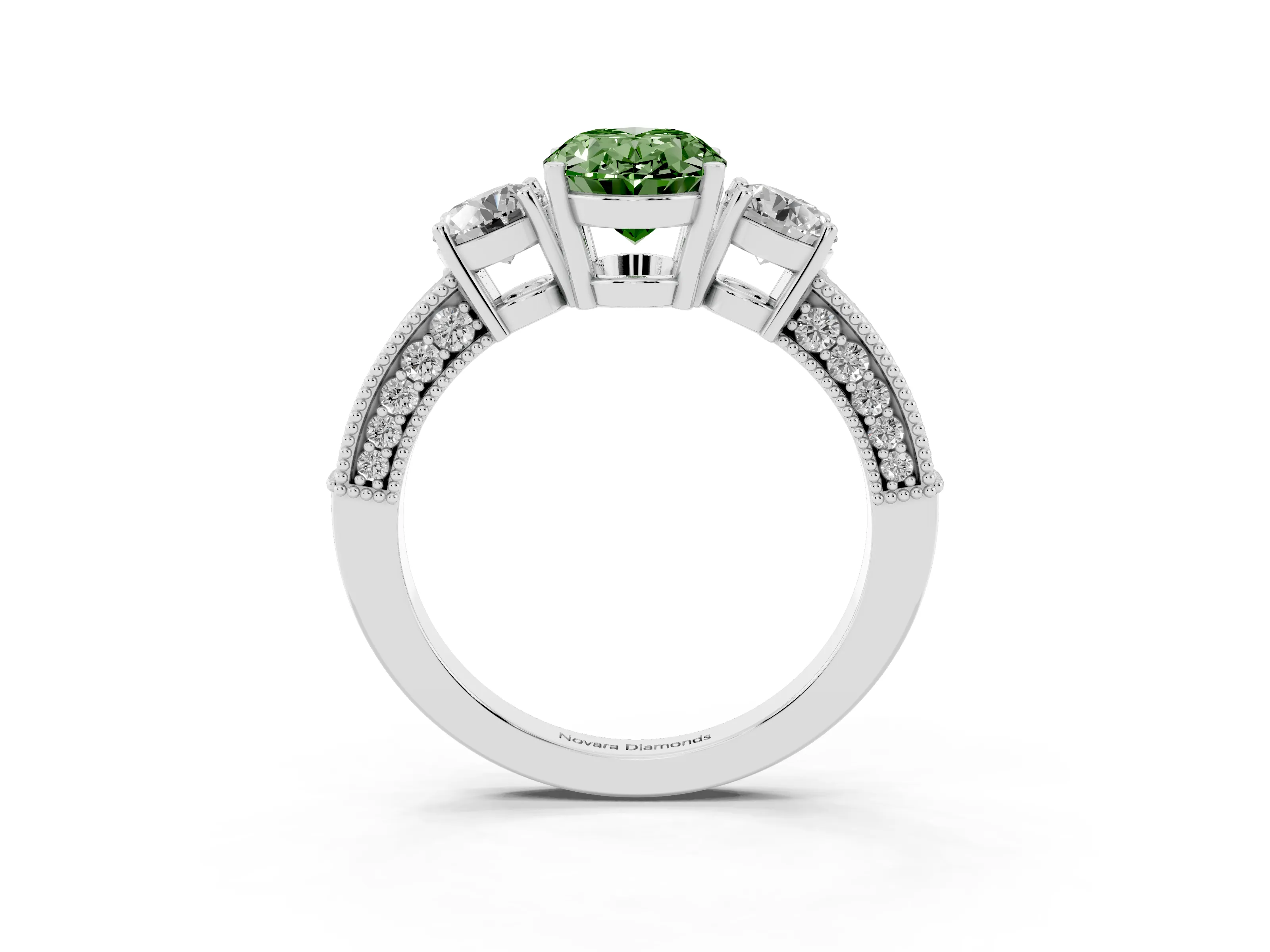 Fancy Green Oval Cut Diamond Three-Stone Ring Set in Platinum with Round Side Stones and Pavé Band