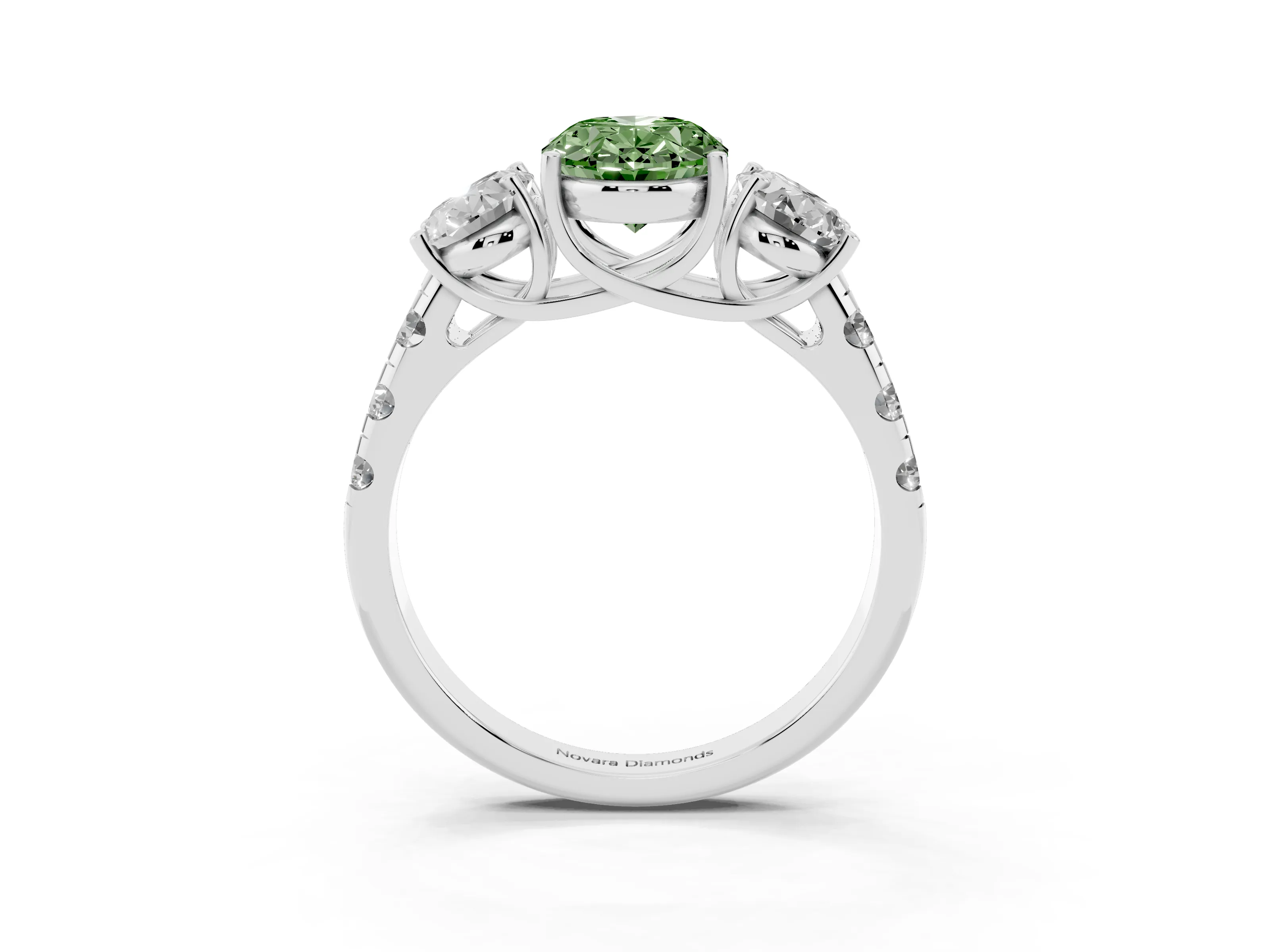 Fancy Green Oval Cut Diamond Three-Stone Ring Set in Silver with Pavé Band