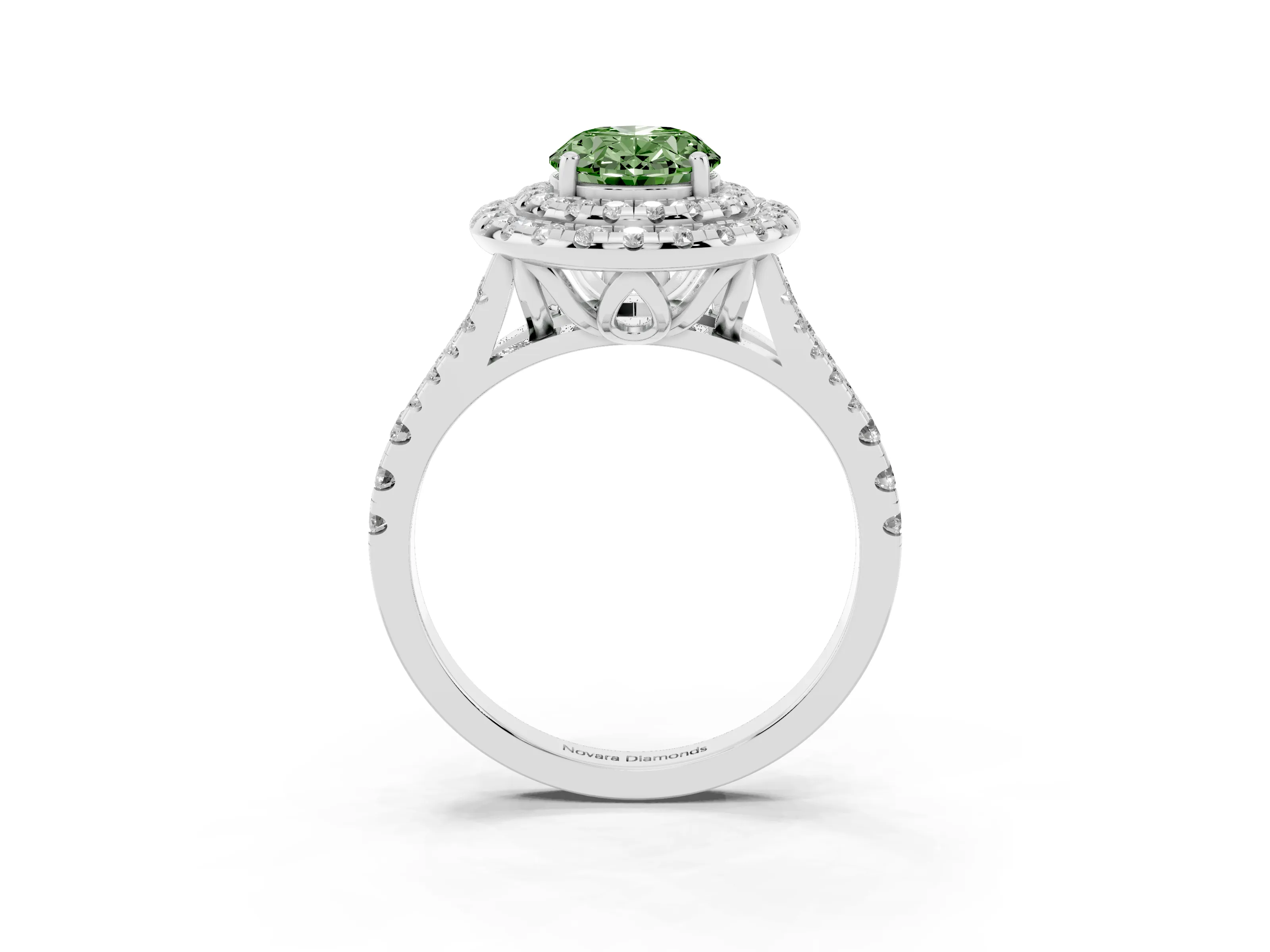 Fancy Green Oval Cut Diamond Double Halo Ring Set in White gold with Pavé Split Shank and Prong Setting