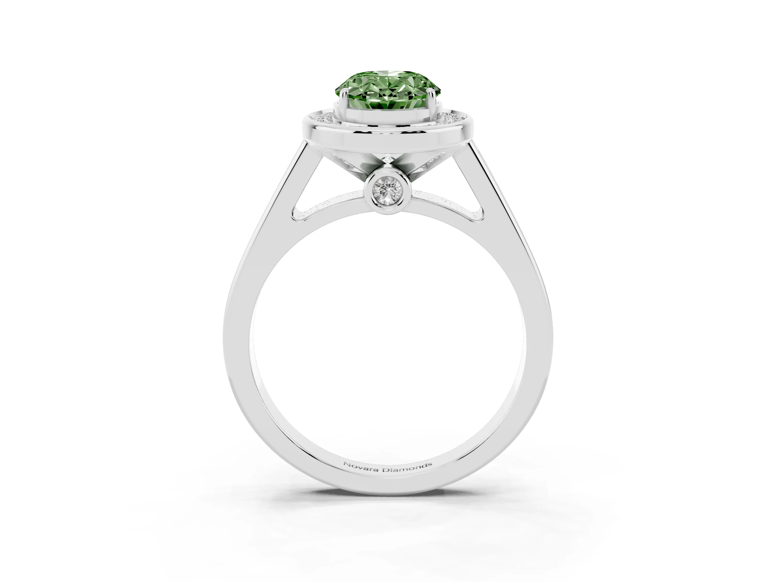 Fancy Green Oval Cut Diamond Halo Solitaire Ring Set in Platinum with Pavé Band and Bezel Setting