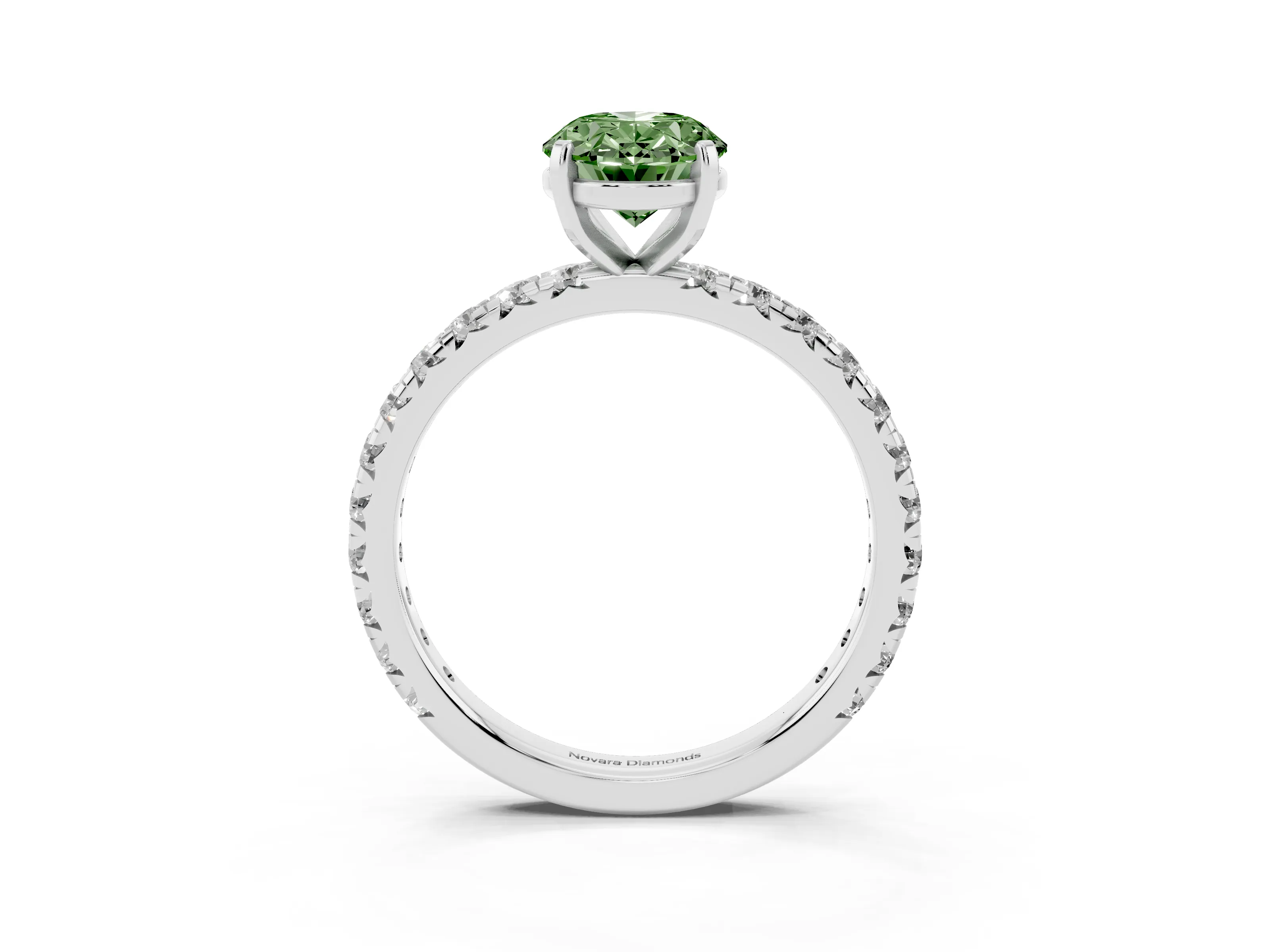 Fancy Green Oval Cut Diamond Pavé Solitaire Ring Set in Silver with Round Band and Prong Setting