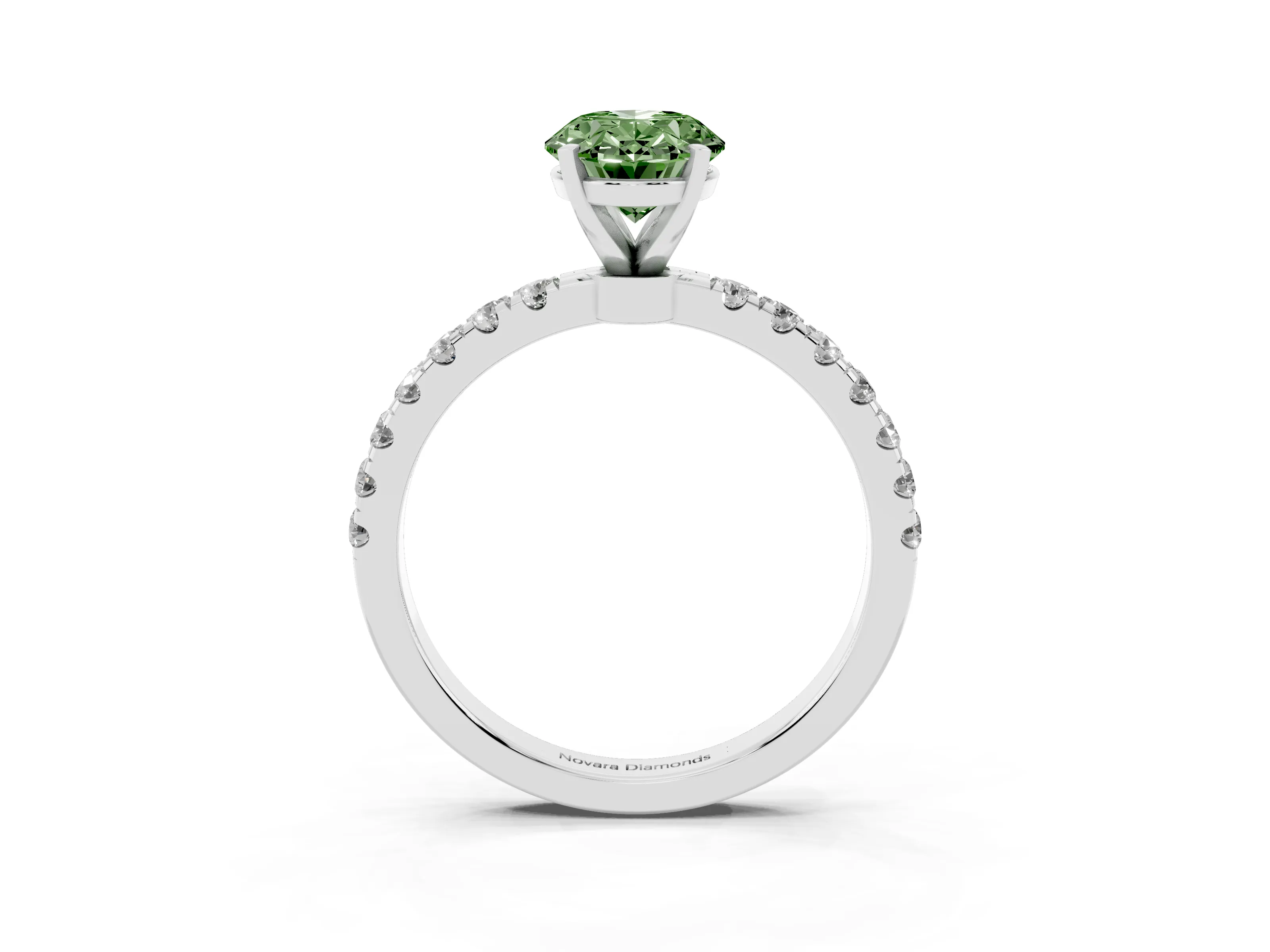 Fancy Green Oval Cut Diamond Solitaire Ring Set in Platinum with Pavé Accents and Prong Setting