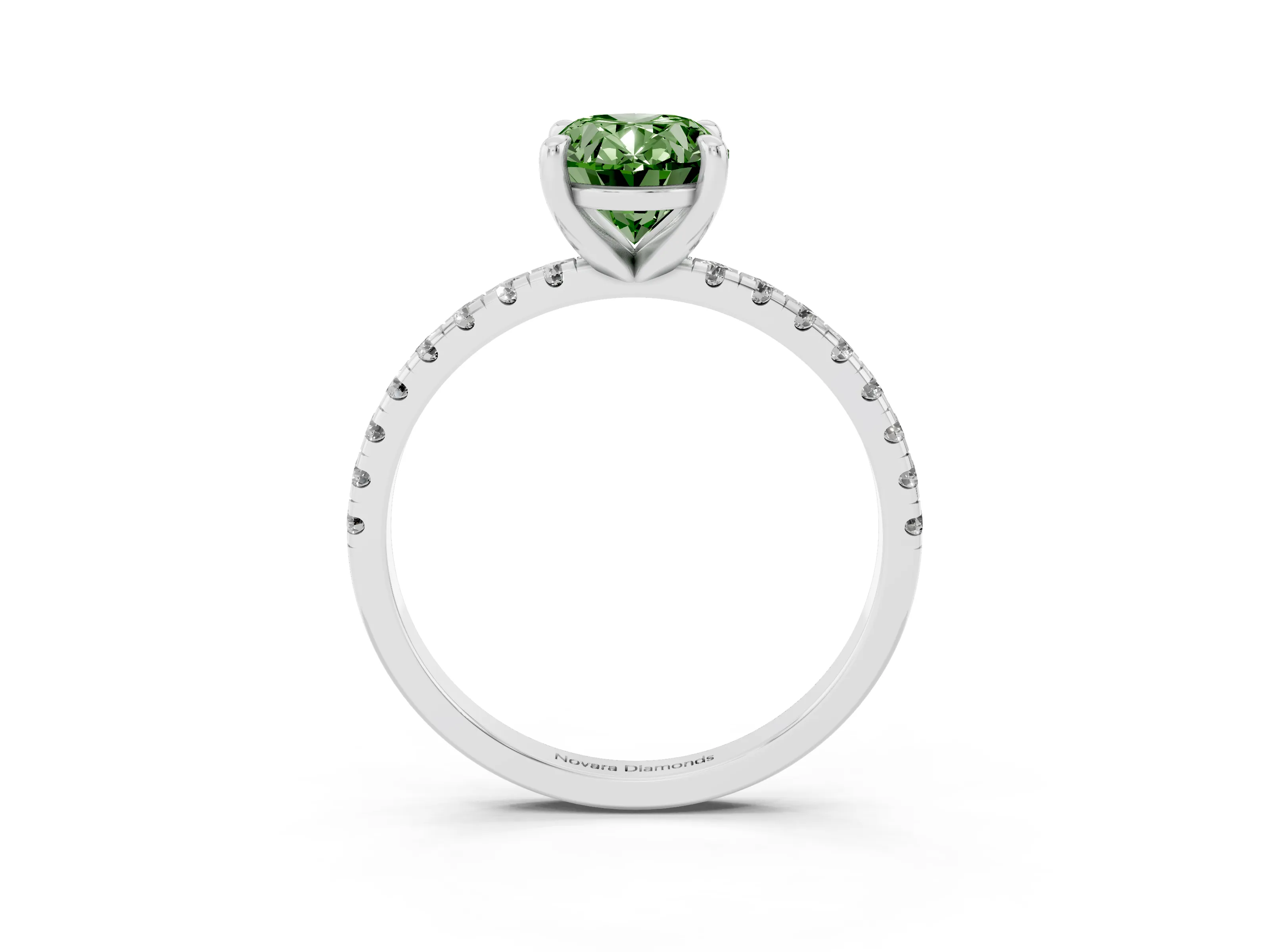 Fancy Green Oval Cut Diamond Brilliant Solitaire Ring Set in White gold with Pavé Band and Prong Setting