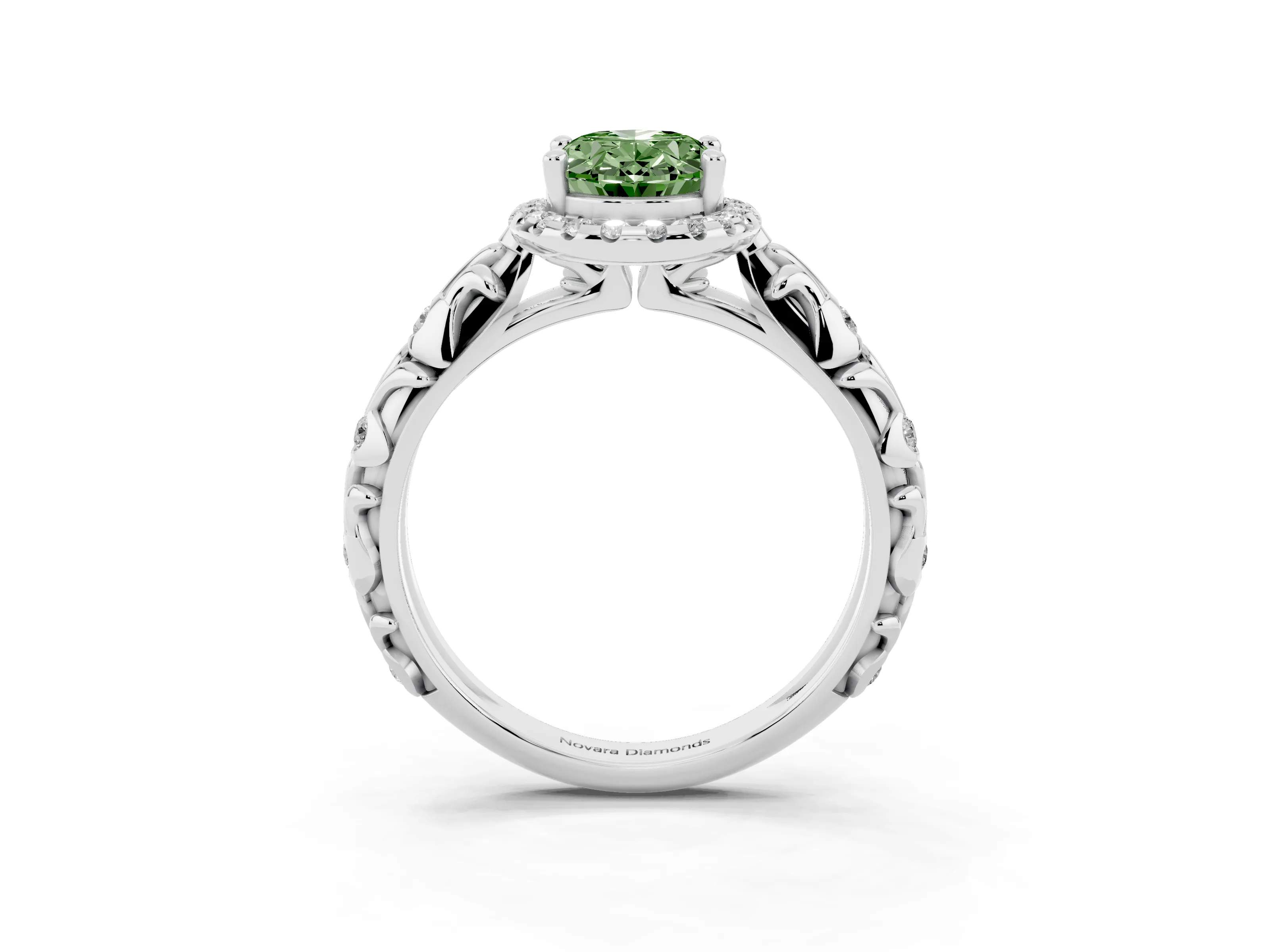 Fancy Green Oval Cut Diamond Halo Ring Set in White gold with Filigree Leaf Band and Prong Setting