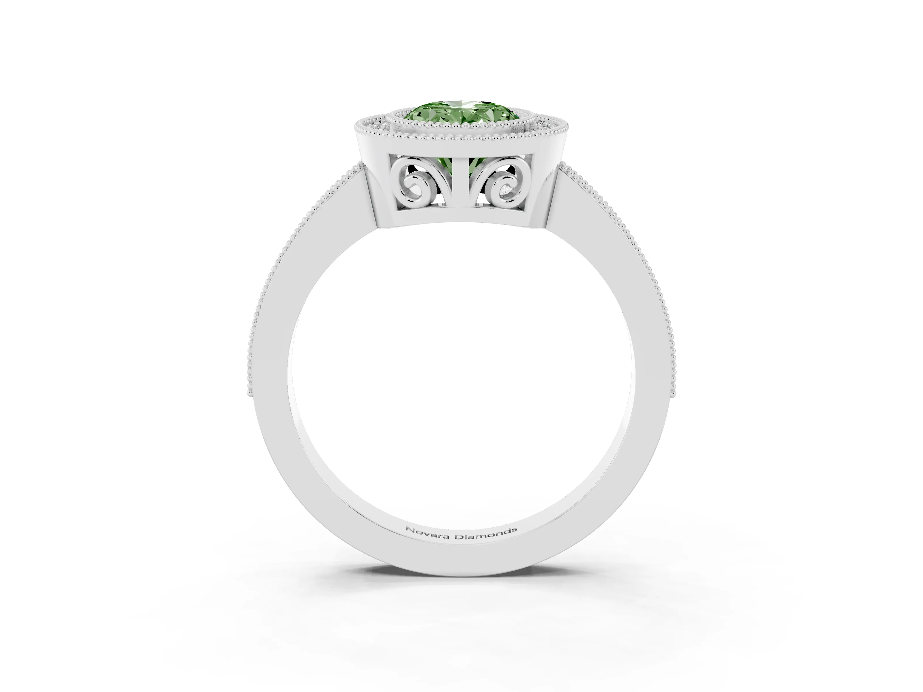Fancy Green Oval Cut Diamond Round Halo Ring Set in White gold with Pavé Band