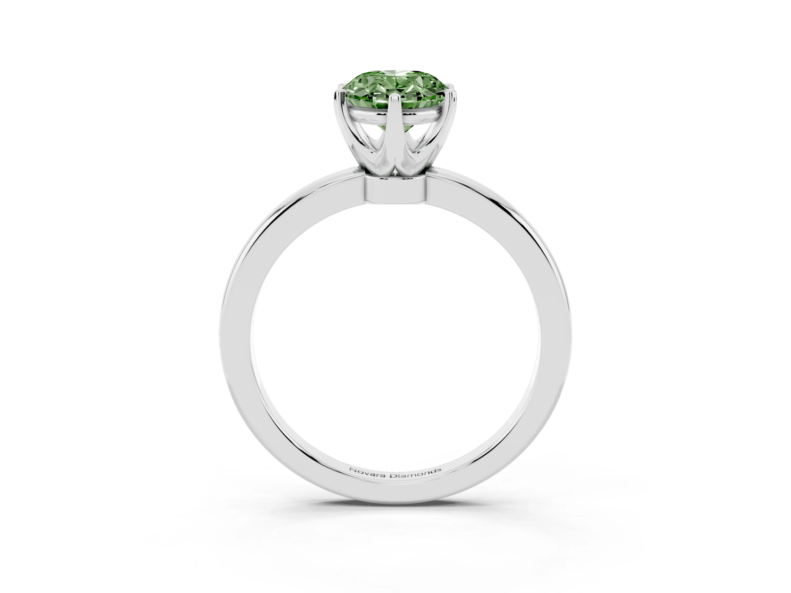 Fancy Green Oval Cut Diamond Solitaire Ring Set in White gold with Raised Prong Setting on a Classic Band