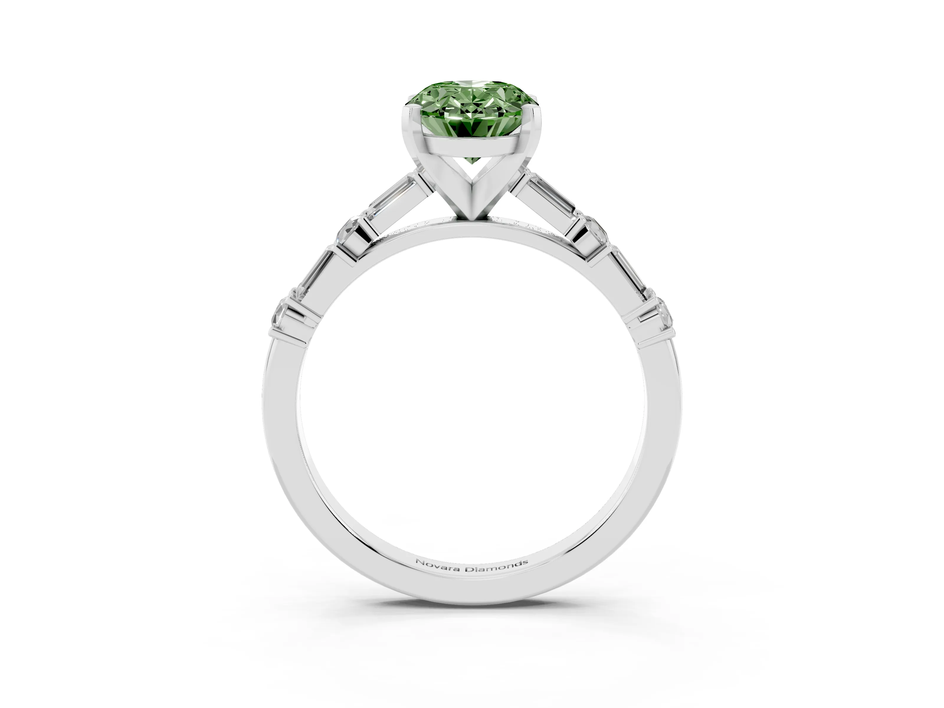 Fancy Green Oval Cut Diamond Solitaire Set in Silver with Side Baguettes and Channel Set Band