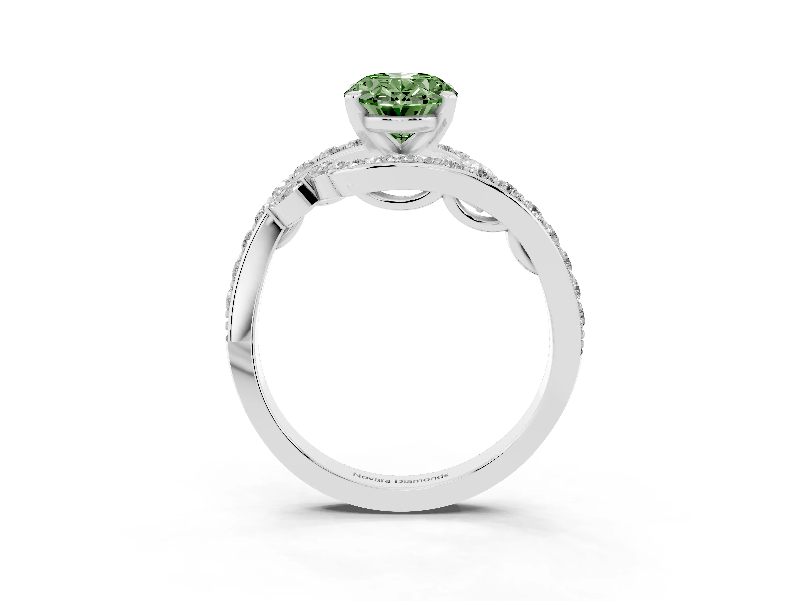 Fancy Green Oval Cut Diamond Solitaire Ring Set in Silver with Pavé Twist Band and Secure Prong Setting